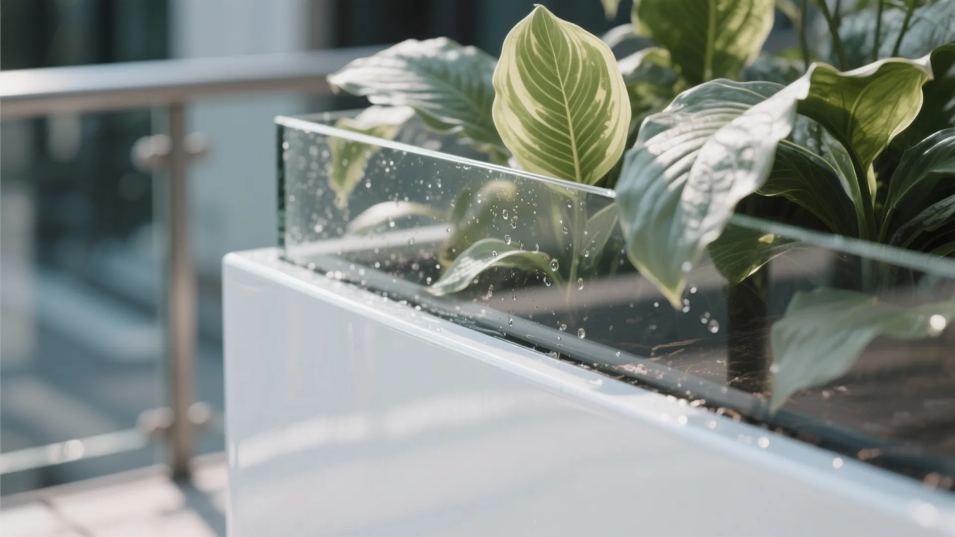 Close up view of green plants inside a white planter with glass panels and water