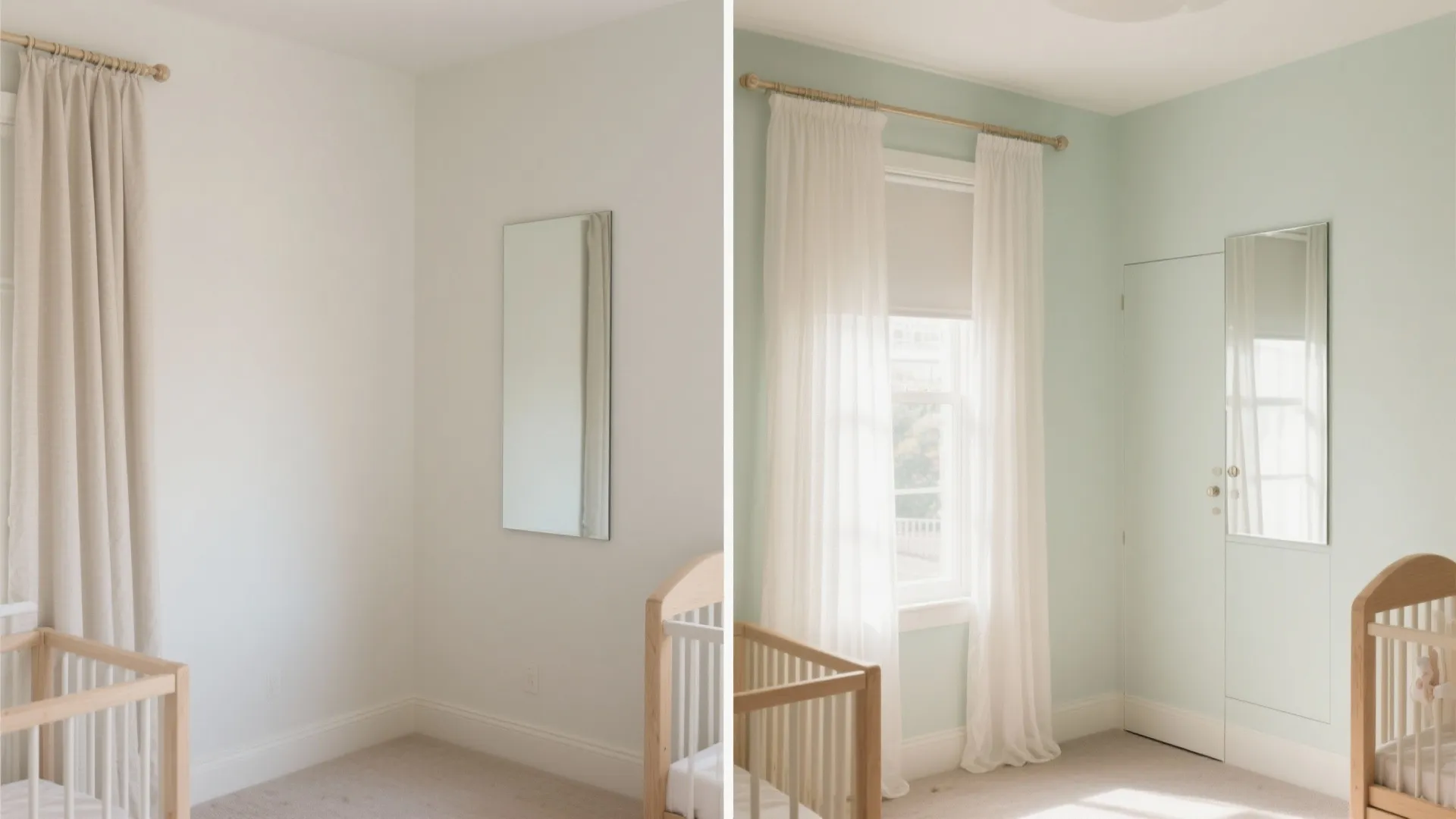 Before and after comparison of a baby nursery with white walls versus soft green paint
