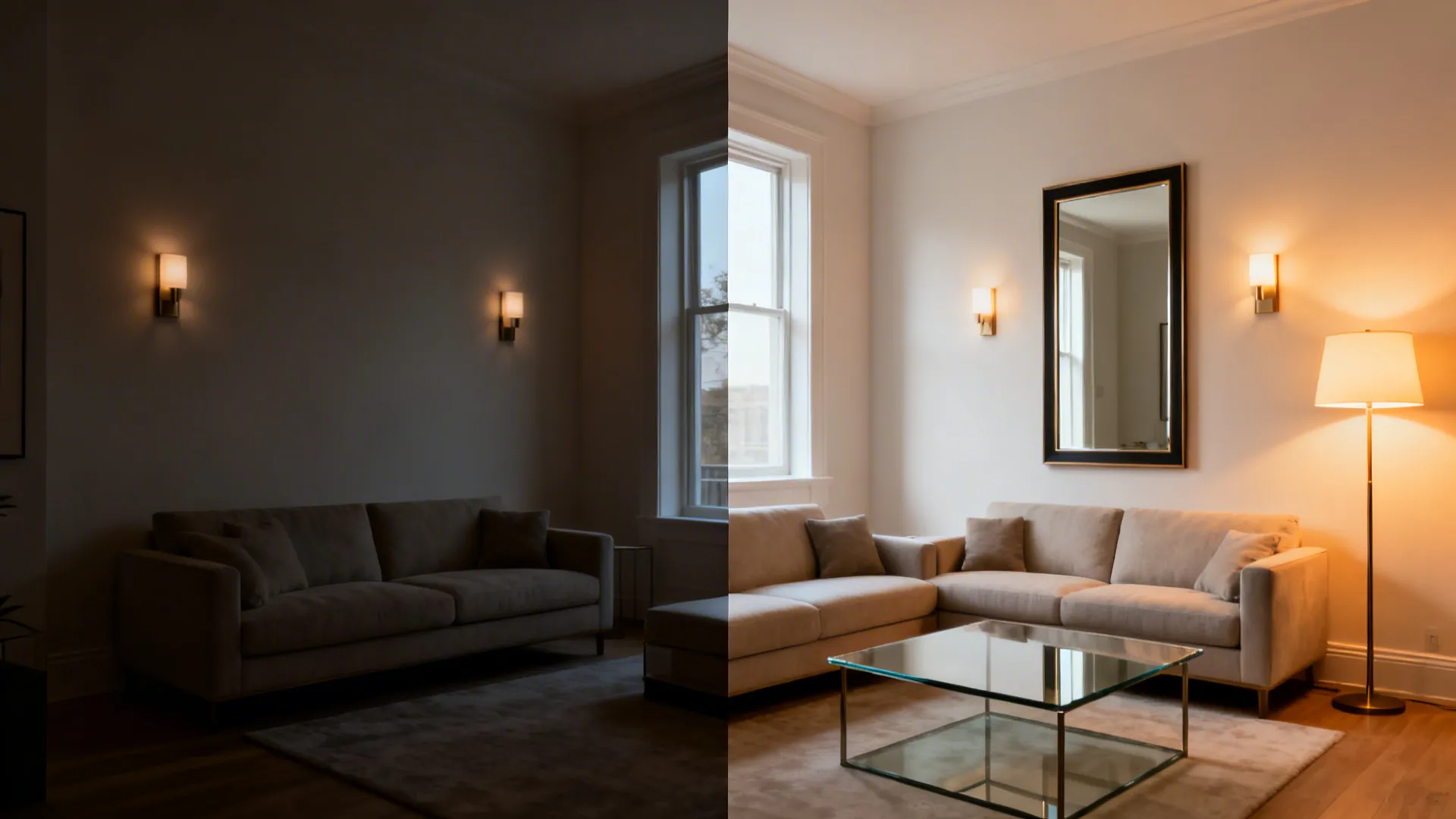 Before-and-after view showing a mirror, glass table, and layered lamps brightening a small room.