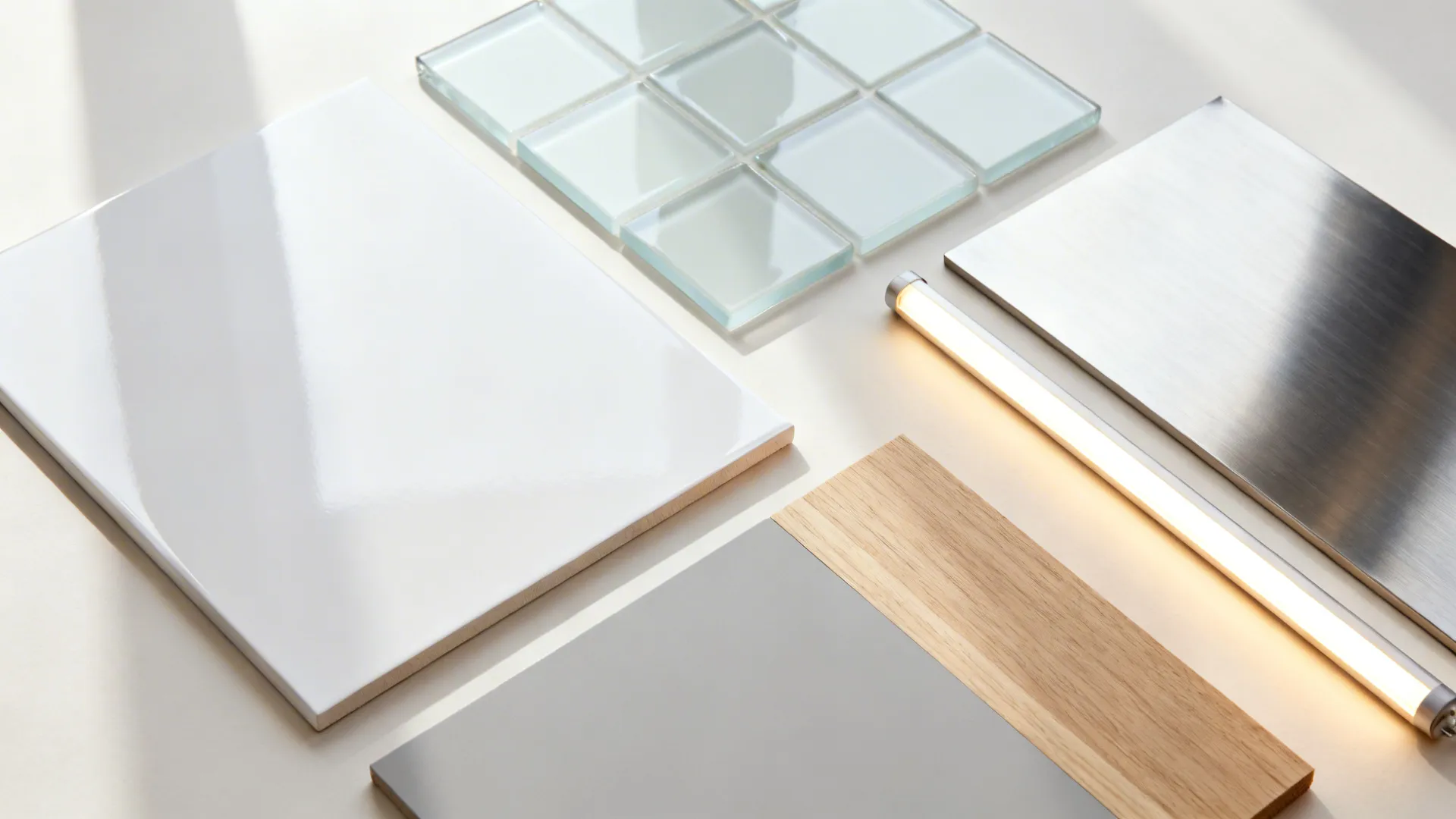 Interior design material samples showing white tile wood panel metal sheet glass squares and light fixture