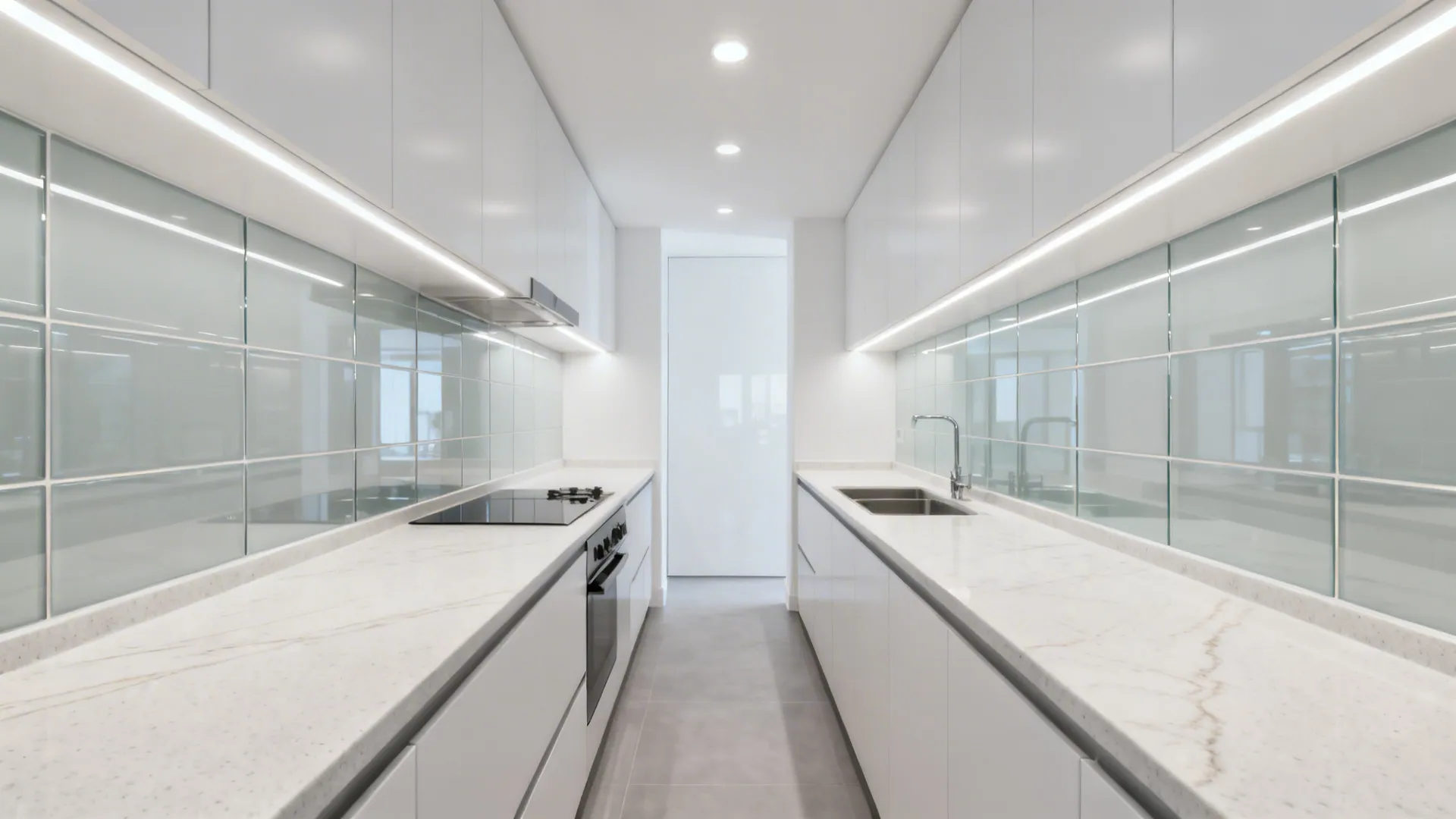 Bright galley kitchen with glass backsplash and pale quartz that reflect soft daylight.