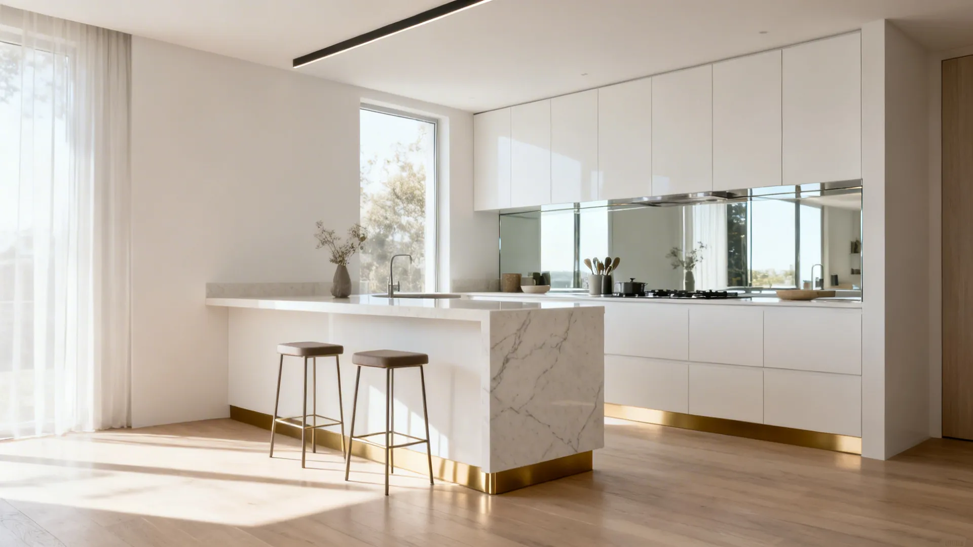 Small kitchen island with a thin pale quartz top and a reflective glass backsplash that brightens the space.