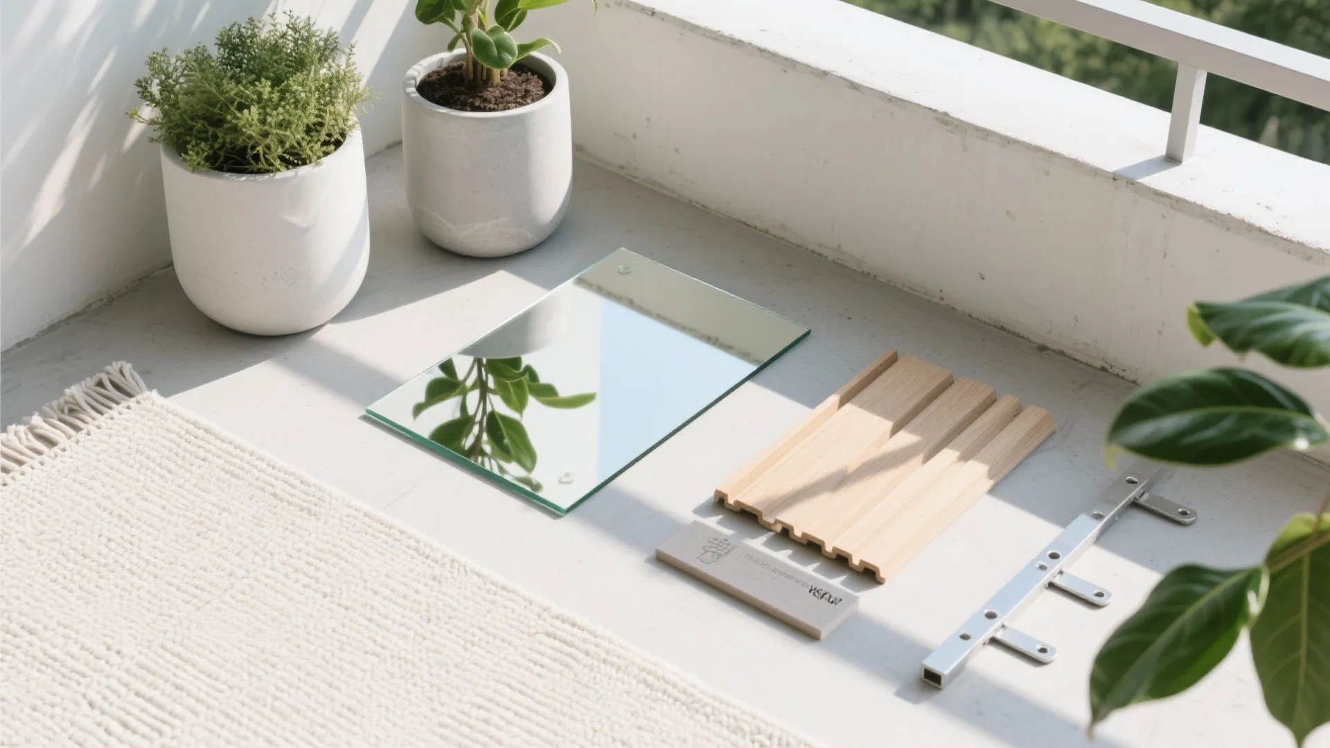 Mirror wood samples and metal pieces on white balcony floor with plants under bright sunlight