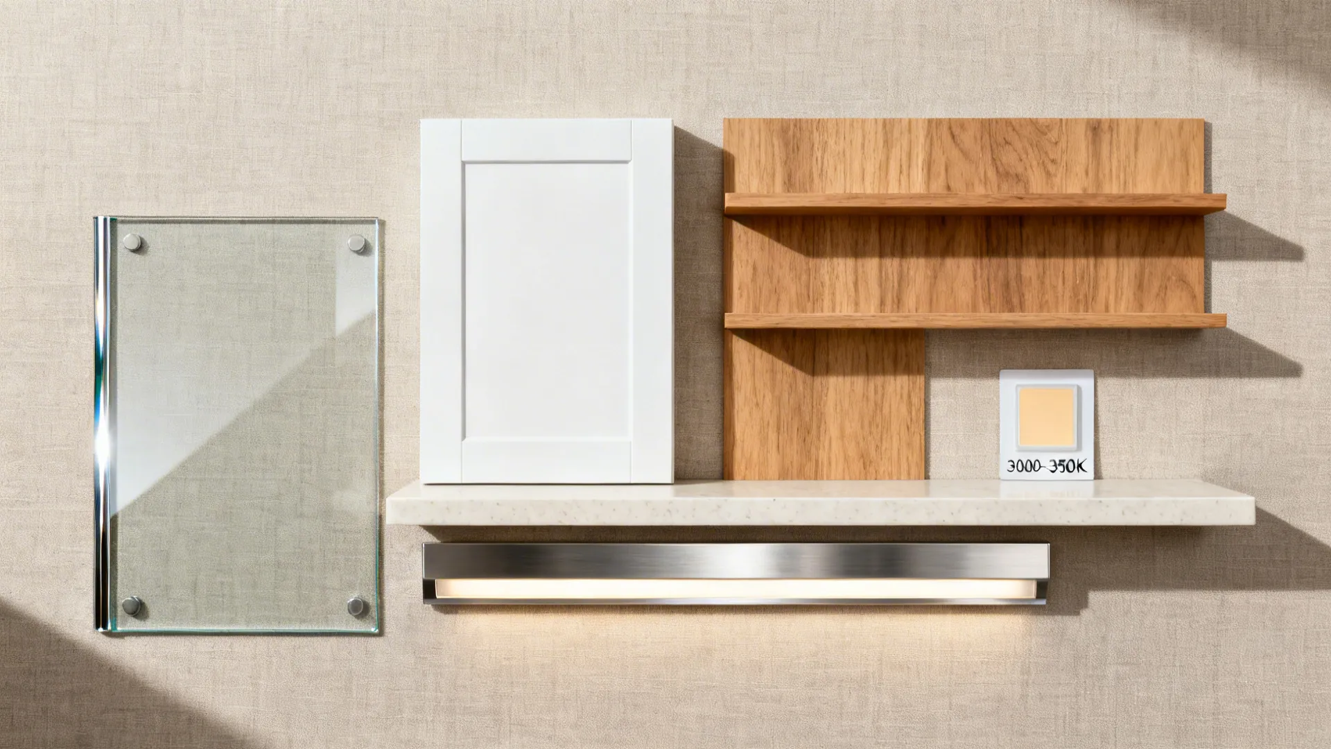 Flat lay of low-iron glass, matte laminate, oak veneer, quartz, and warm LED strip