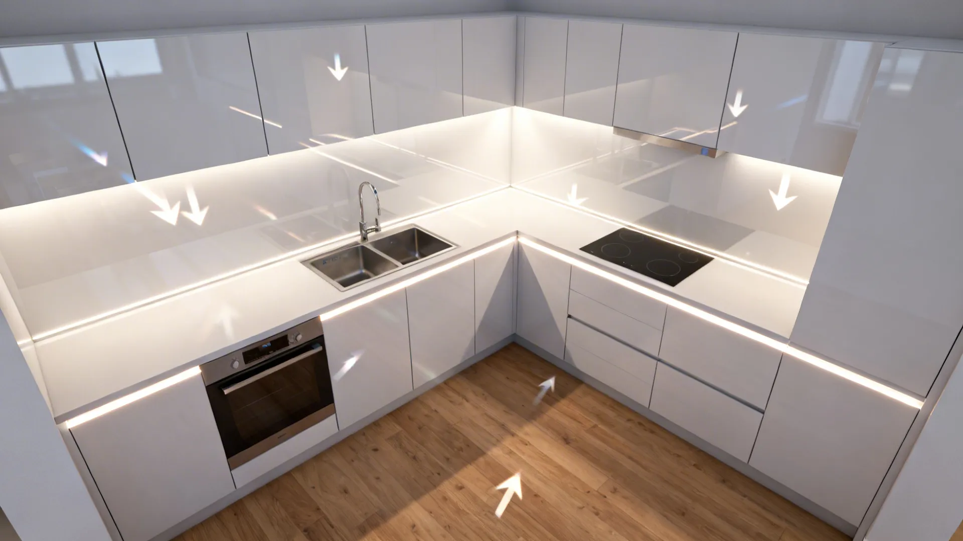 Top-down galley plan showing reflective surfaces and LED task lighting for light bounce.