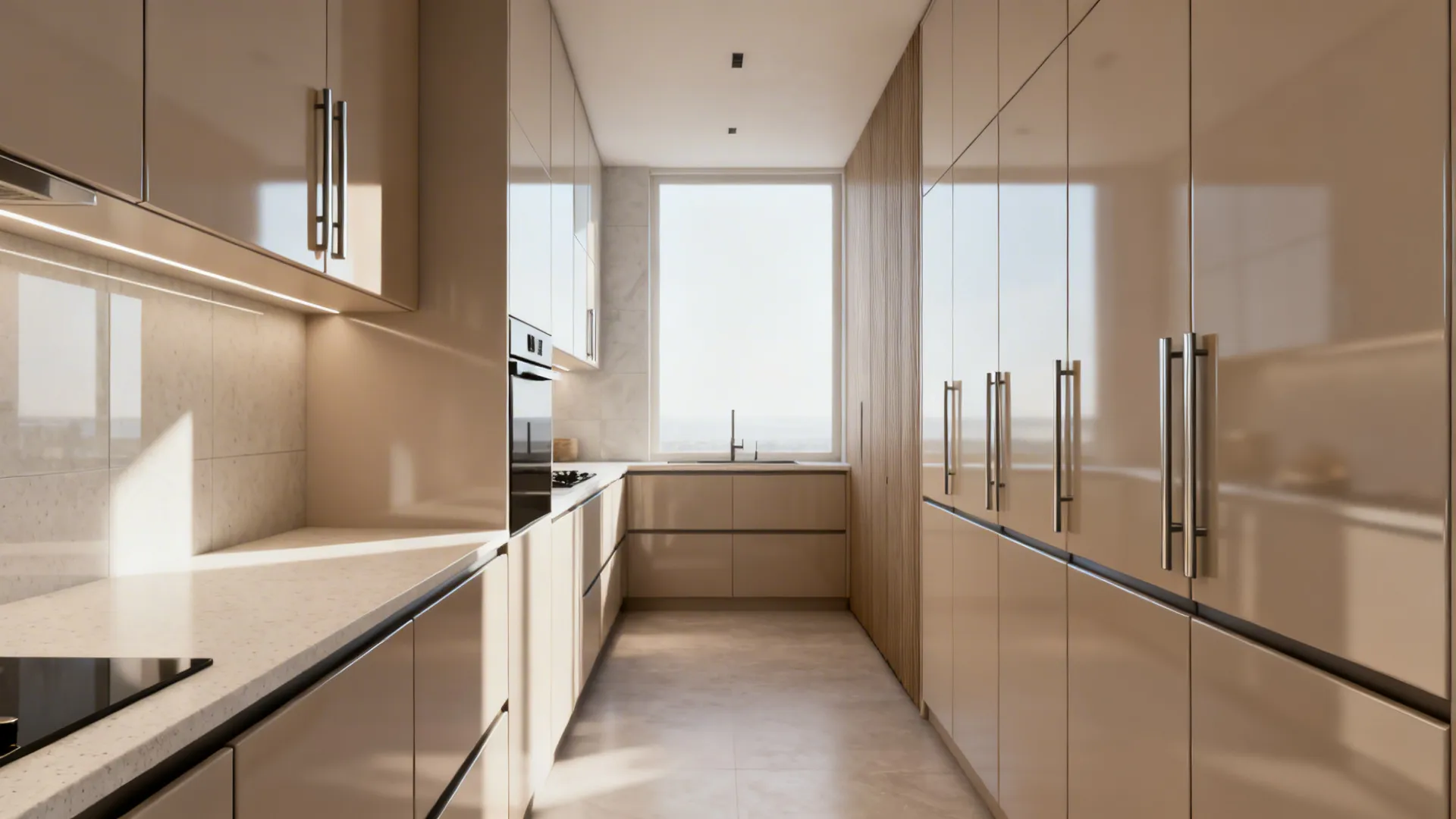 Narrow galley with satin laminate cabinets and integrated J-pull profiles that reflect soft daylight.