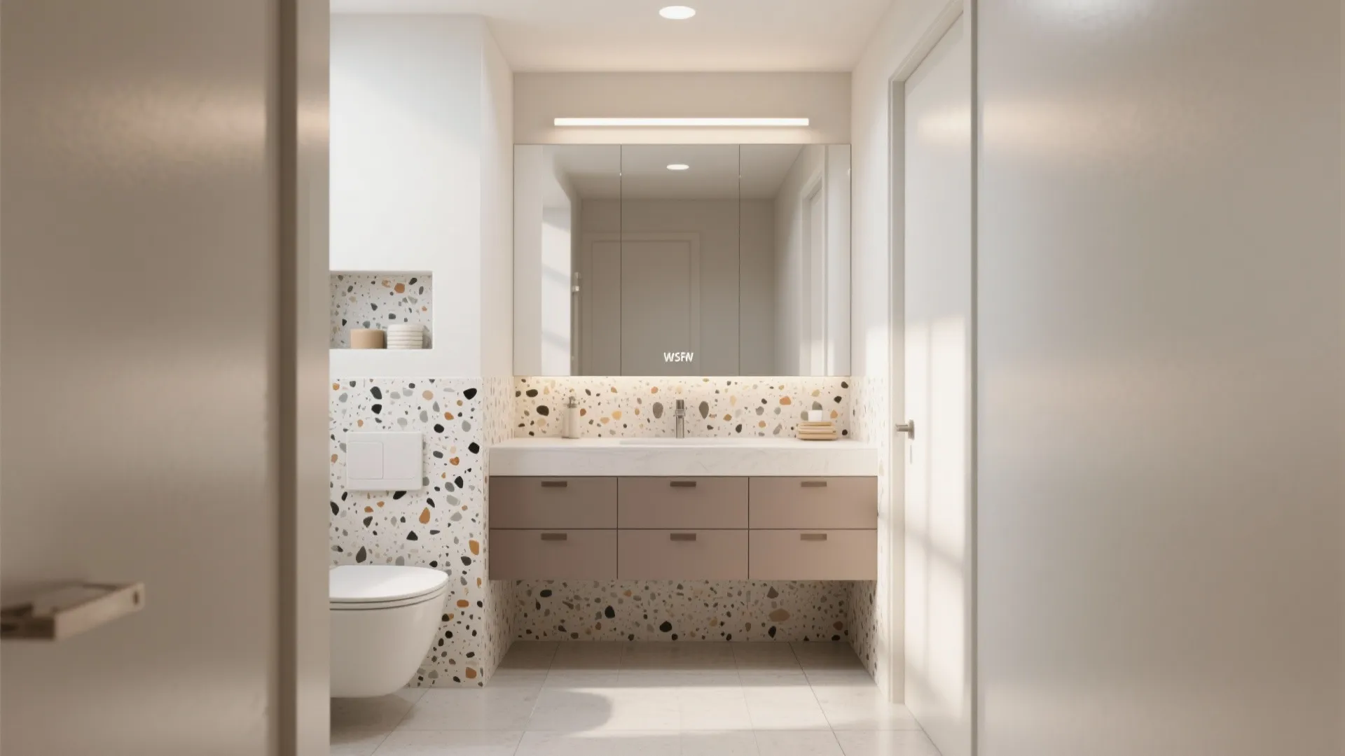 Light-bounce strategy: satin walls, matte floors, and a terrazzo moment