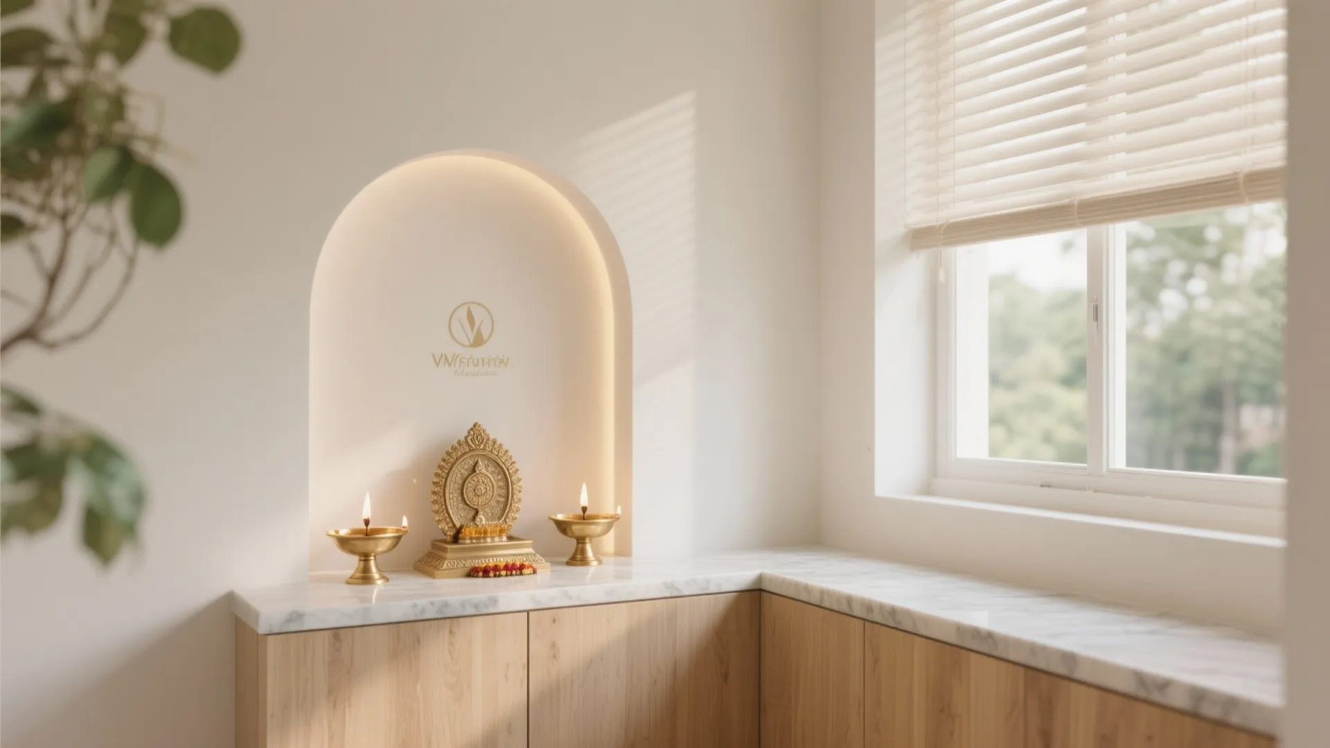 Pooja niche near a softly lit window with brushed brass diyas and a muted off-white, light wood palette.