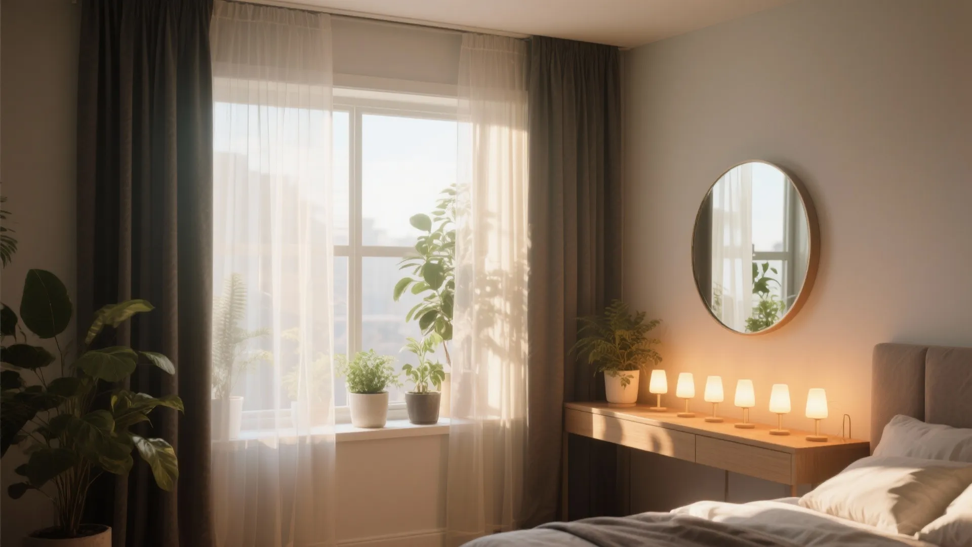 Sunny bedroom with plants on window sill small desk lamps round mirror and white curtain
