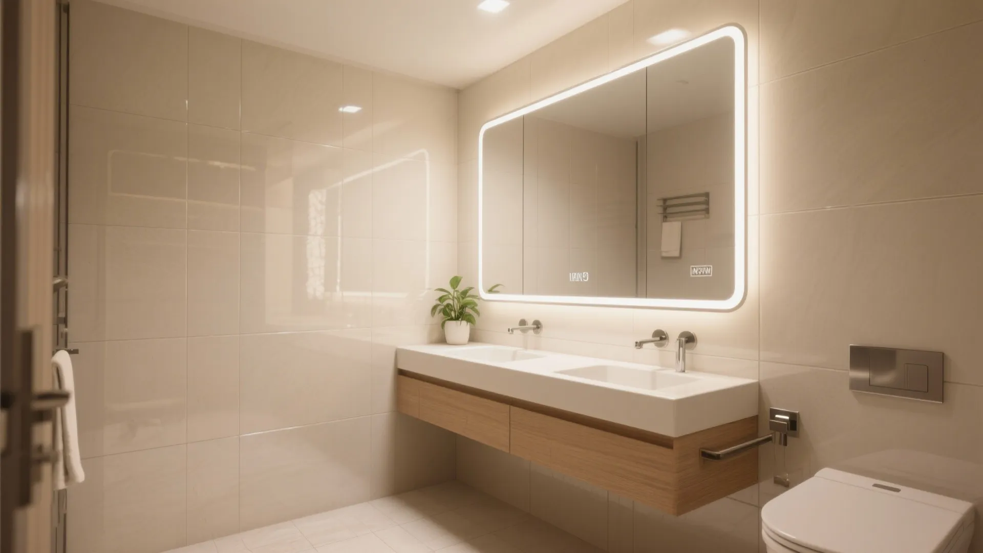 Modern cream bathroom with large glowing mirror double white sink wooden cabinet and white wall