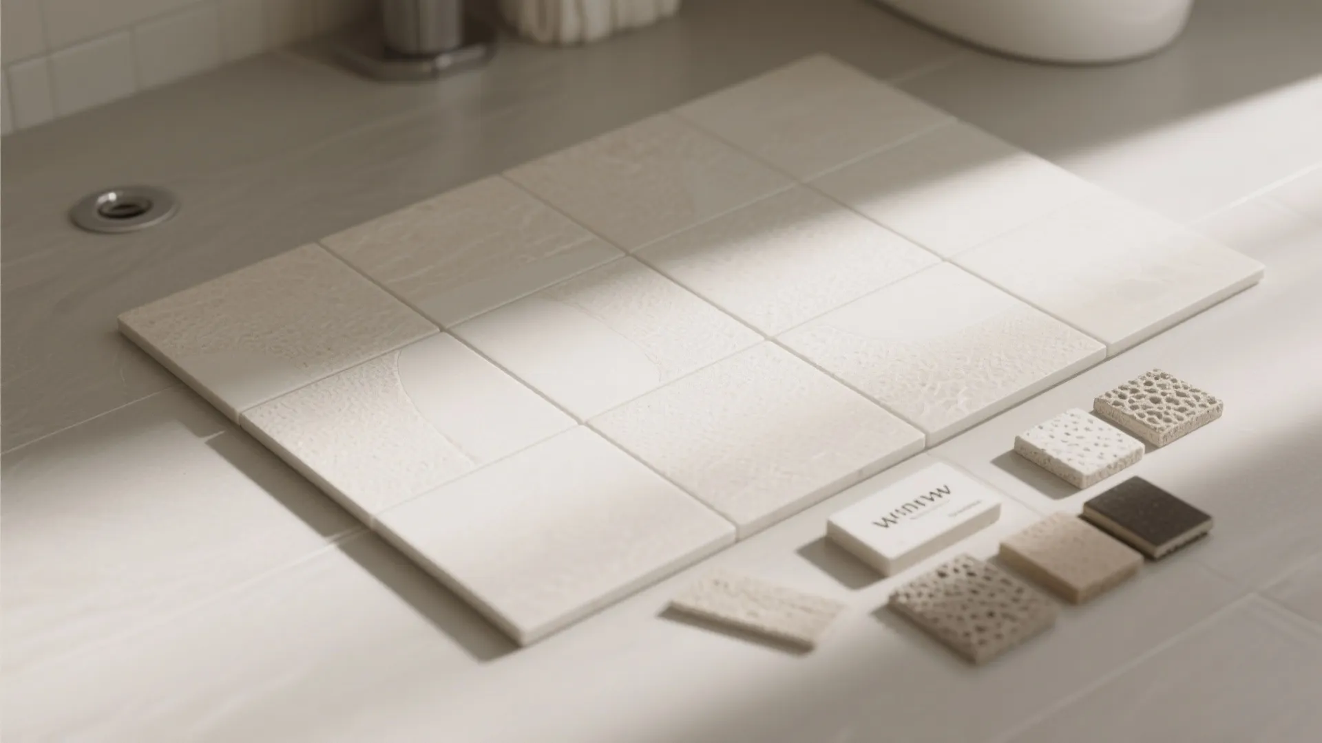 Selection of white bathroom floor tiles and material samples displayed on a neutral grey surface