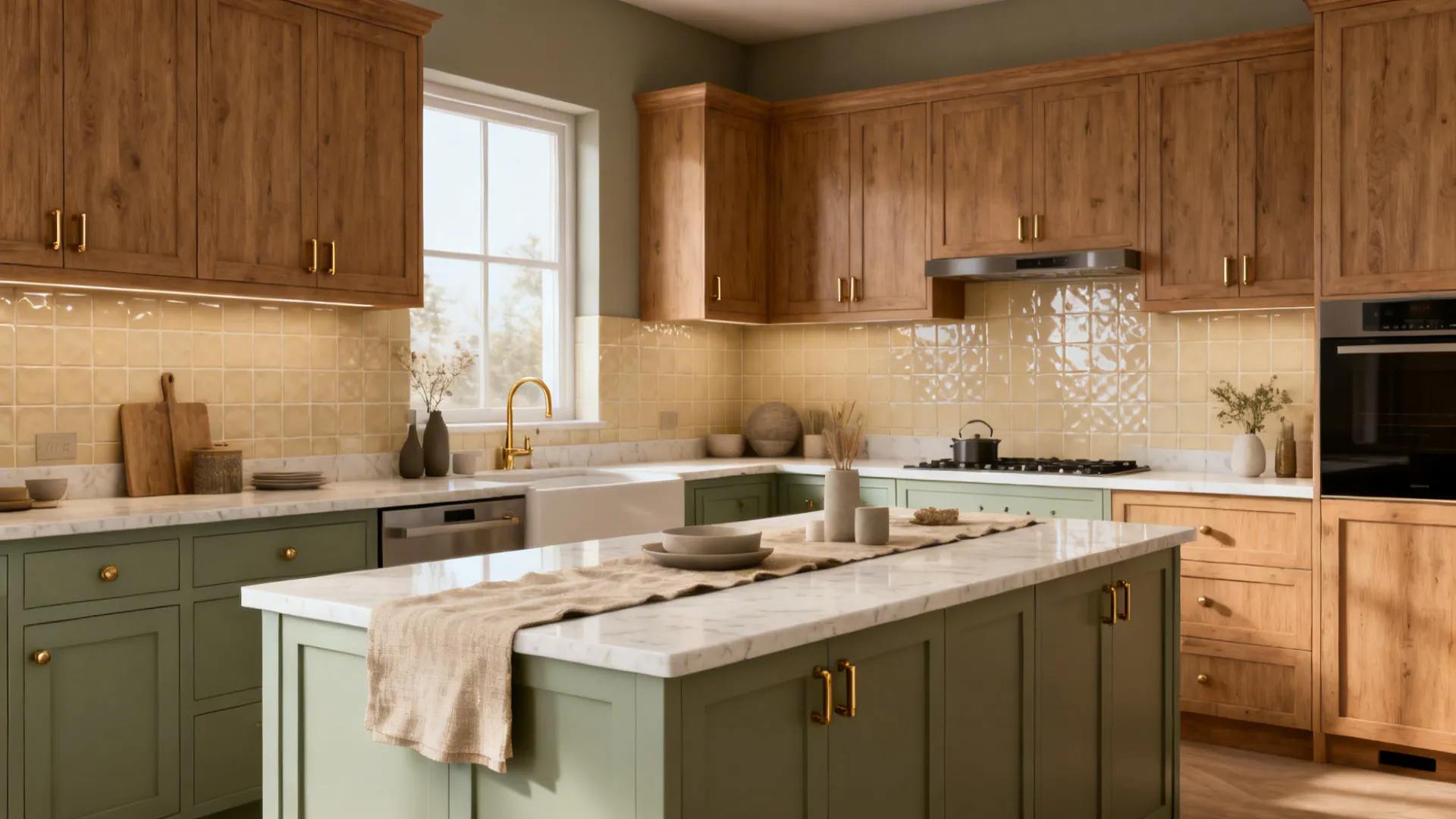 Modern kitchen featuring light wood cabinets green island marble countertop yellow tile backsplash and window