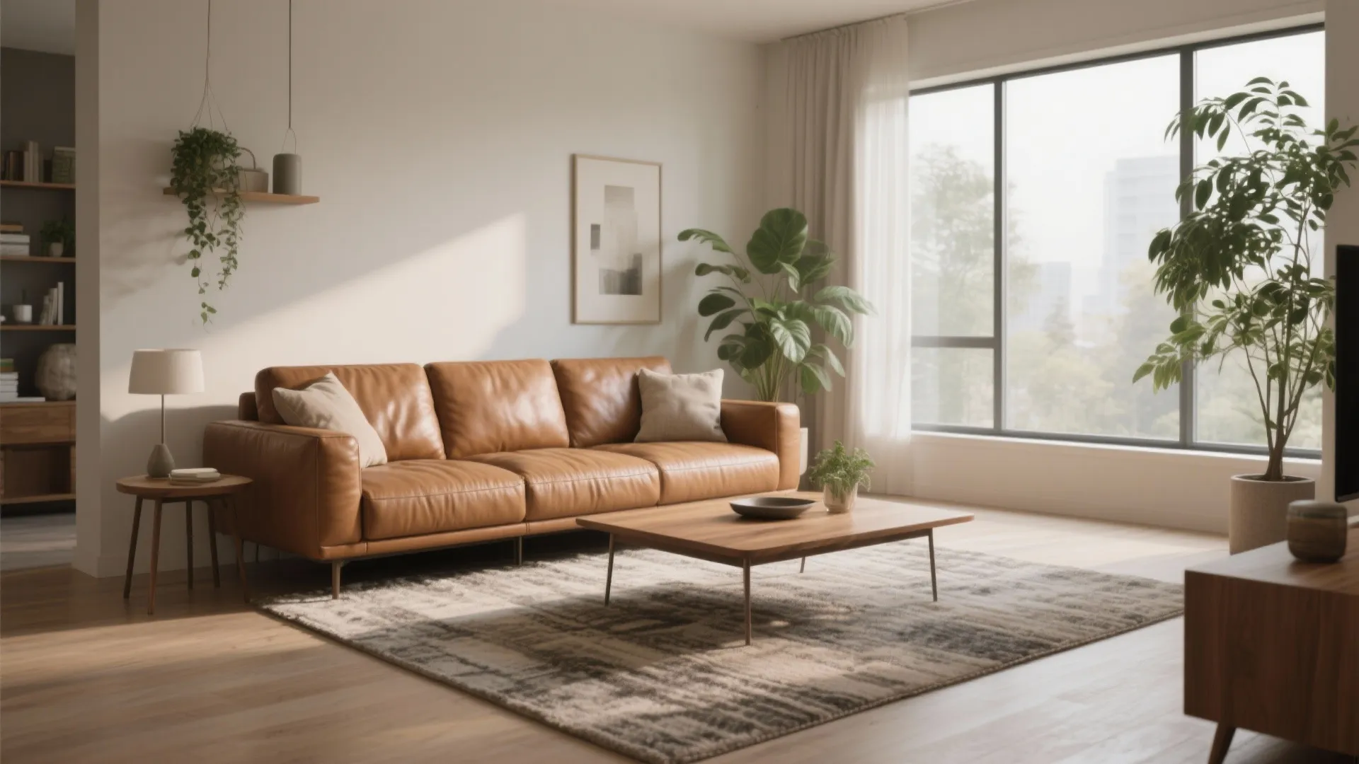 Modern living room with brown leather sofa wooden coffee table large green plant and sunlight
