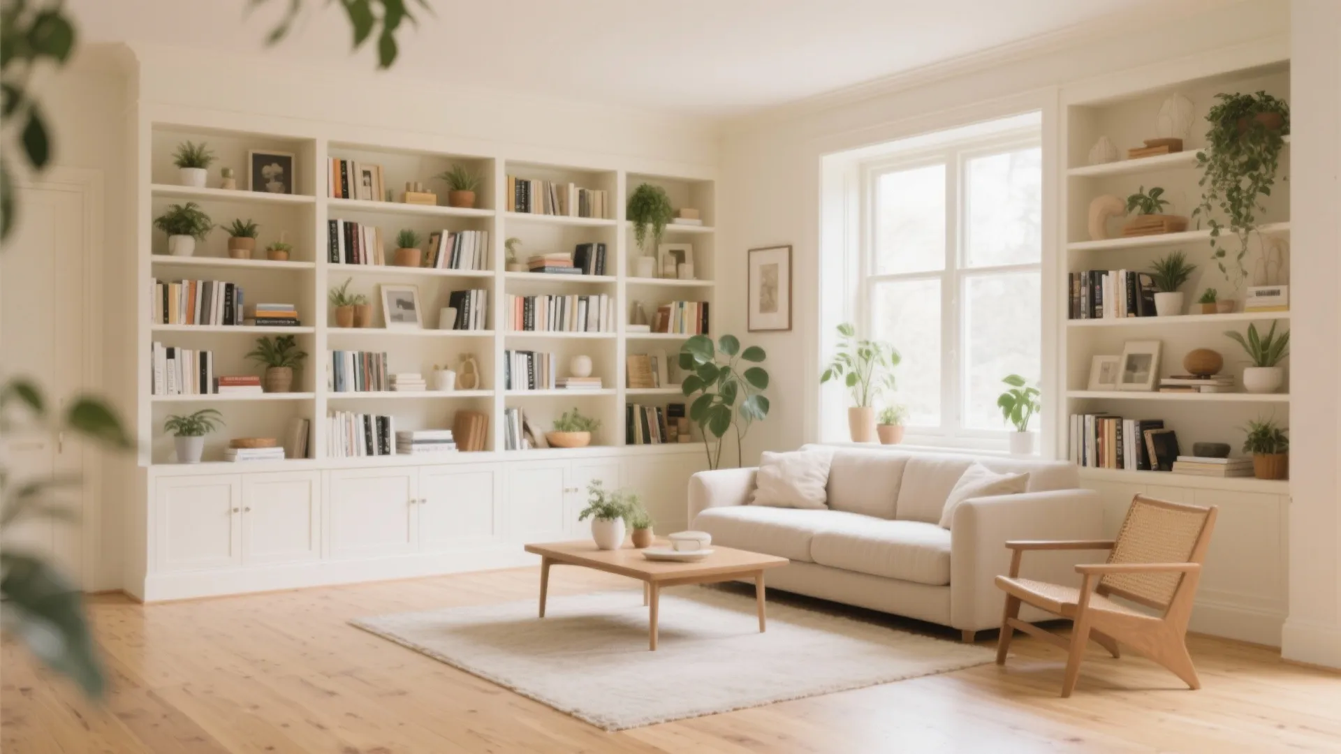Bright living room with large white bookshelf beige sofa wooden coffee table and indoor plants