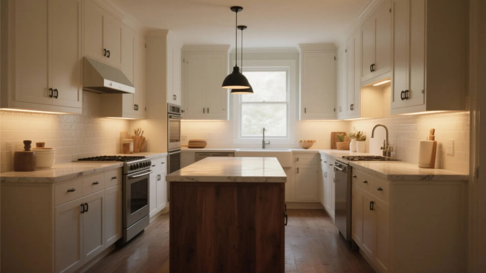 Modern white kitchen featuring a large wooden island marble countertops black ceiling lights and under-cabinet lighting