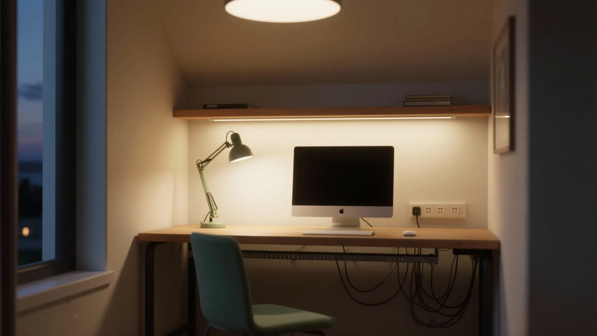 [
  {
    "url": "https://coohom-biz-sg-s3.coohom.com/ins/static/article/light-cable-zen-1759318924948189500.jpg",
    "alt": "Wooden desk with computer green chair desk lamp and wooden shelf under warm room lighting"
  }
]