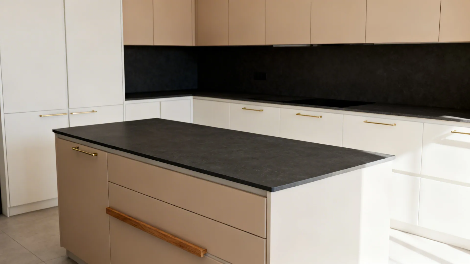 Light matte Sunmica cabinets with a dark matte charcoal countertop in a compact kitchen.