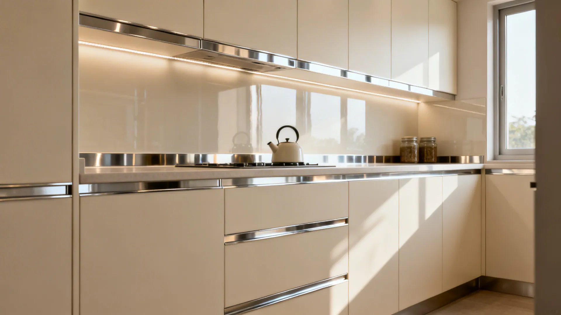 Matte ivory cabinets with stainless skirting and a mirror backsplash strip in a compact kitchen.