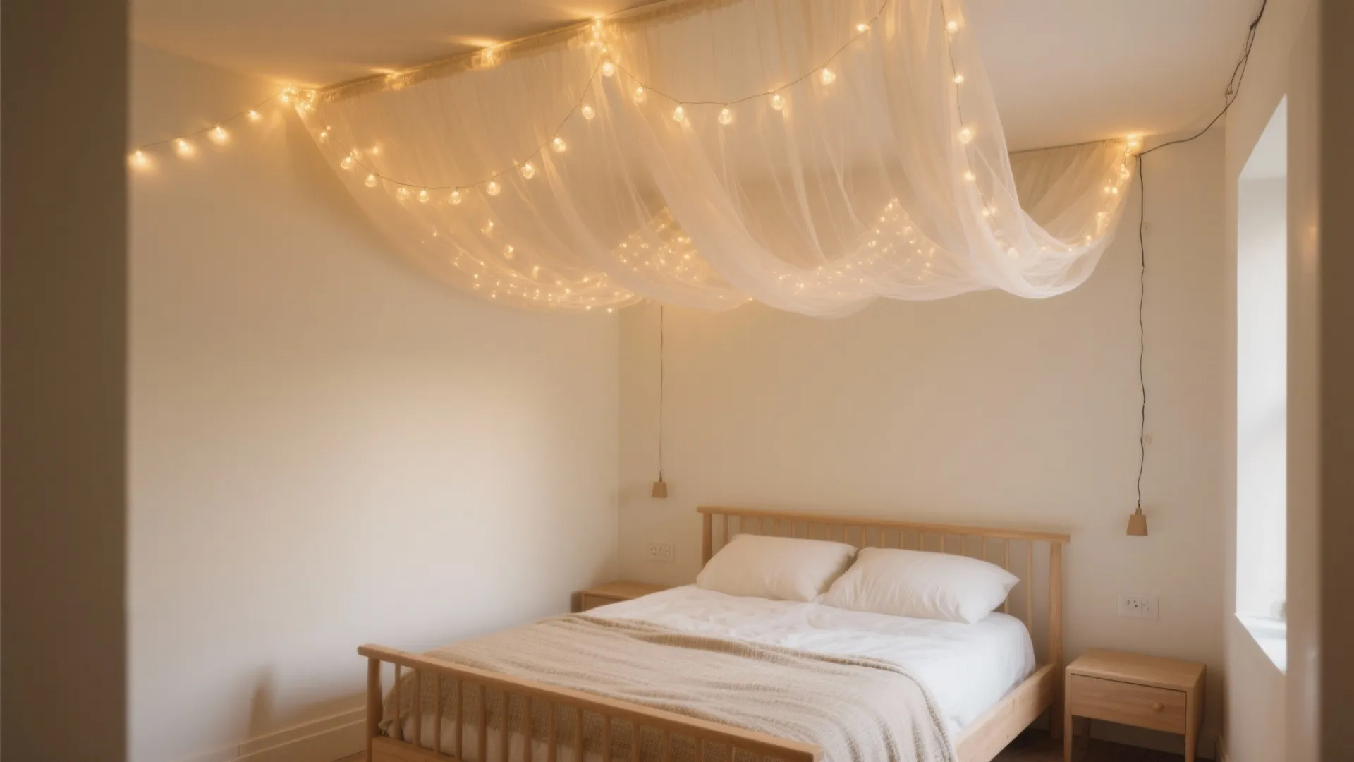 Cozy white bedroom featuring wooden bed frame warm string lights and soft hanging white canopy
