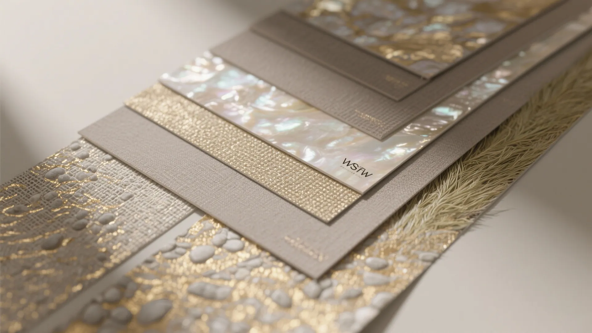 3) Light catchers: pearlescent, metallic, and grasscloth