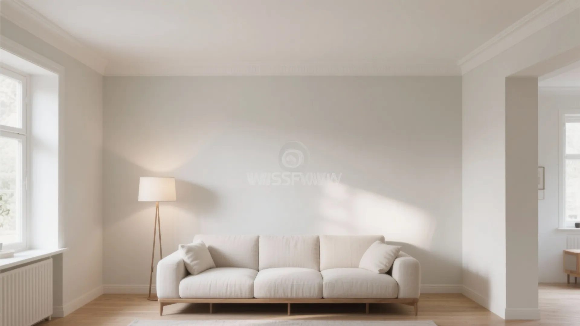Minimalist living room featuring a long white sofa, floor lamp, wooden floor and large bright windows