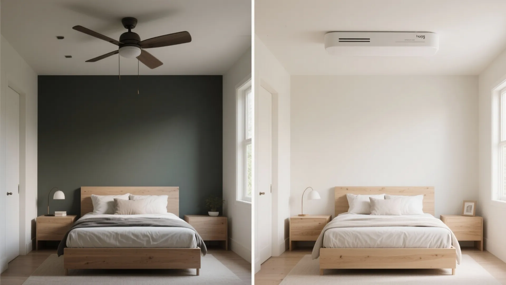 Side by side comparison showing a traditional ceiling fan versus a modern slim air conditioner