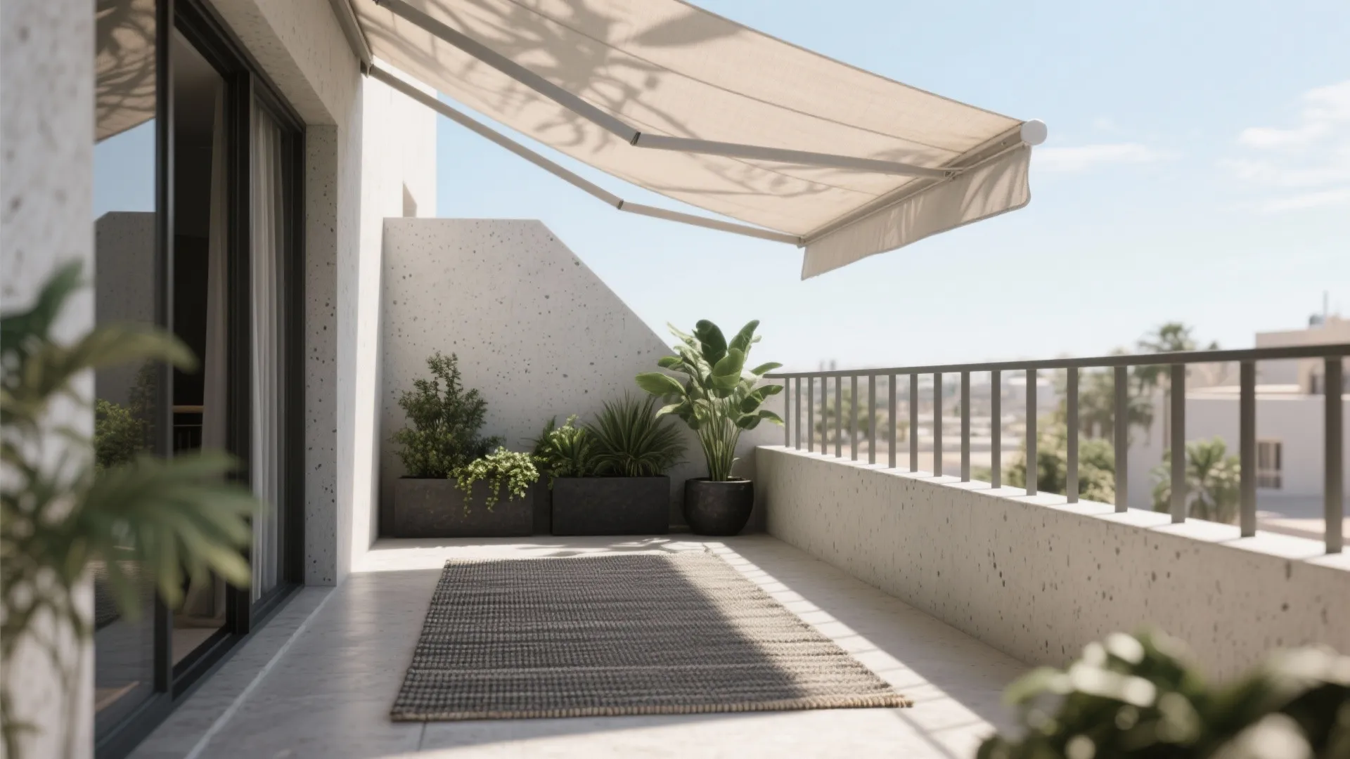 Spacious outdoor balcony with a large sun shade several potted plants and a small rug