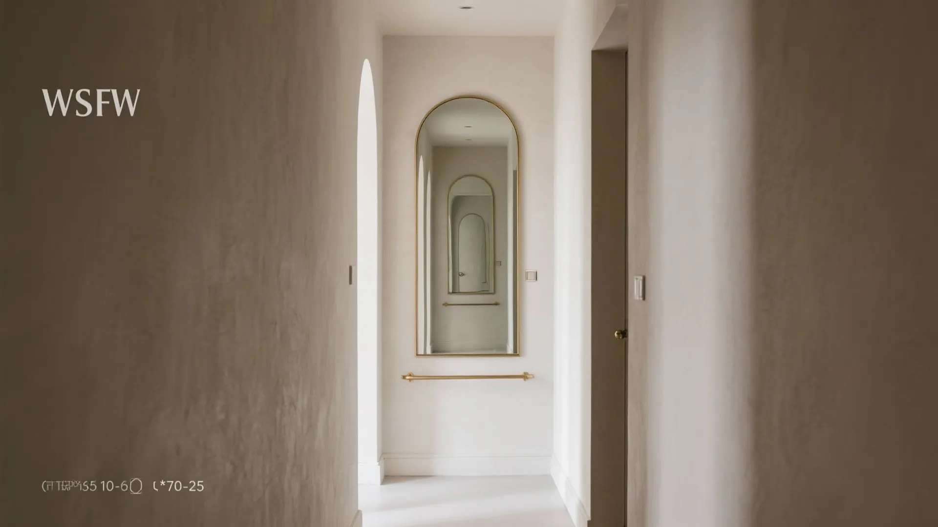 Bright hallway interior featuring a tall gold arched mirror on a white wall with light