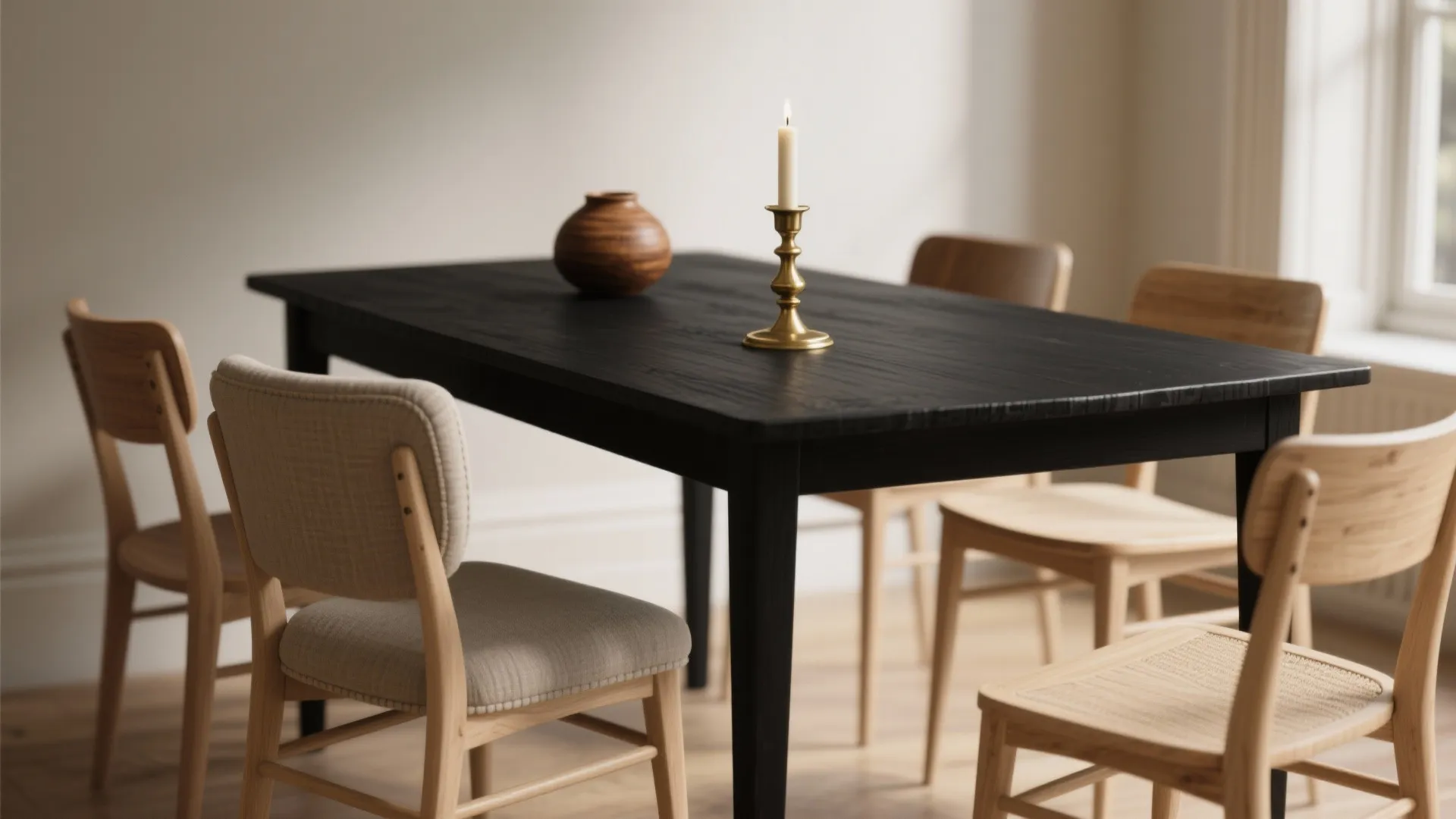 1. Celebrate contrast: light chairs and warm accents