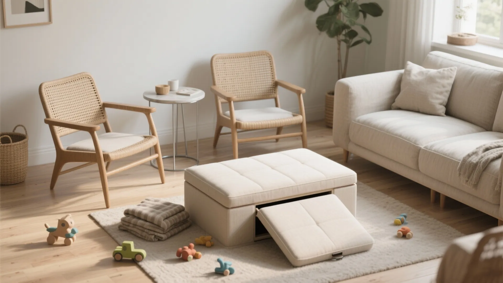 Modern living room featuring two wooden chairs, beige sofa, side table, rug, and storage footrest