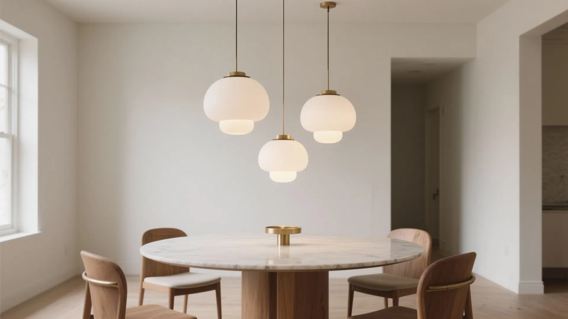 Three opal globe mini-pendants clustered at staggered heights over a round table, softly dimmed