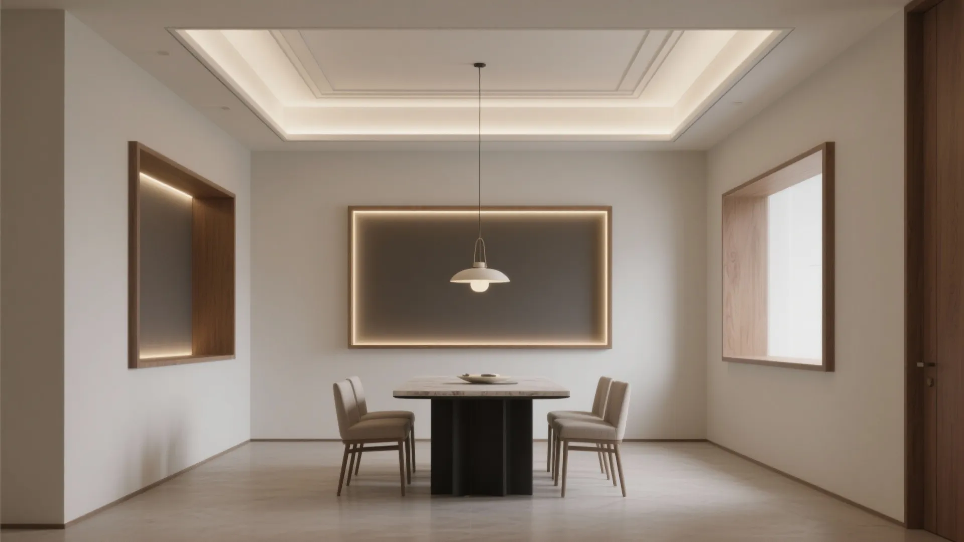 Modern dining room with stone table chairs minimalist wall decor ceiling light and warm lighting