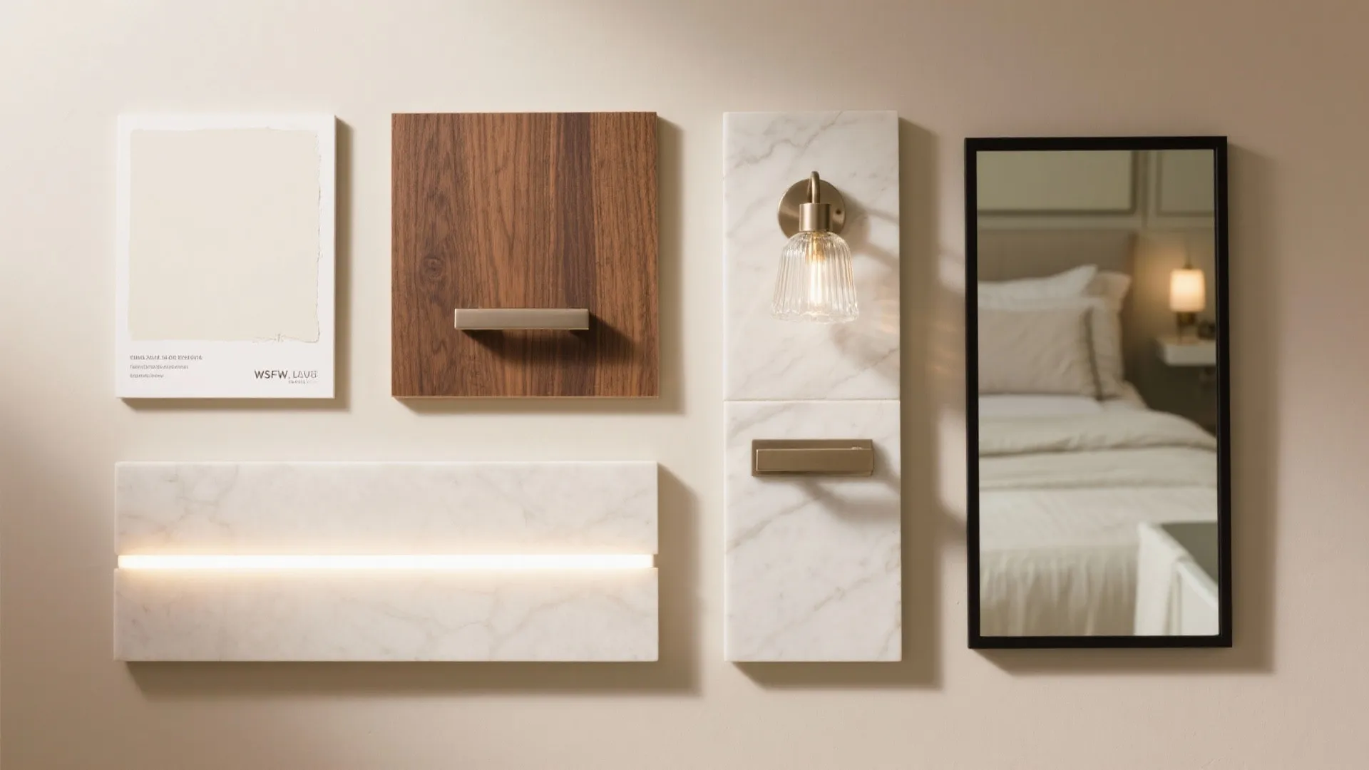 Interior design mood board with wood panel marble tile glass light fixture and bedroom mirror view
