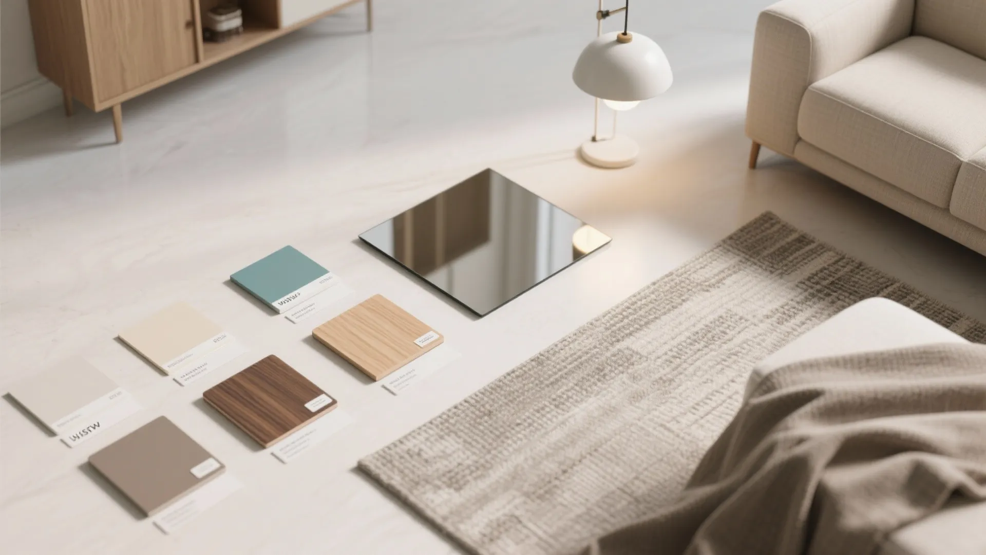 Modern living room with material samples on floor including wood panels and various color swatches