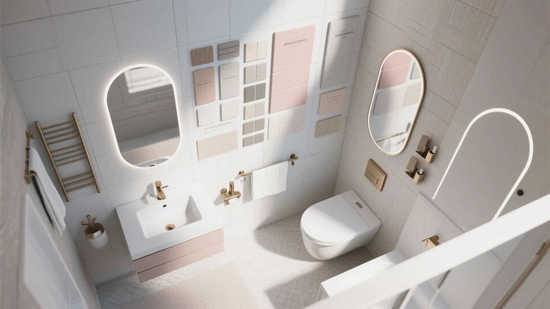 Top view of bright bathroom with pink wall panels white toilet sink and gold hardware