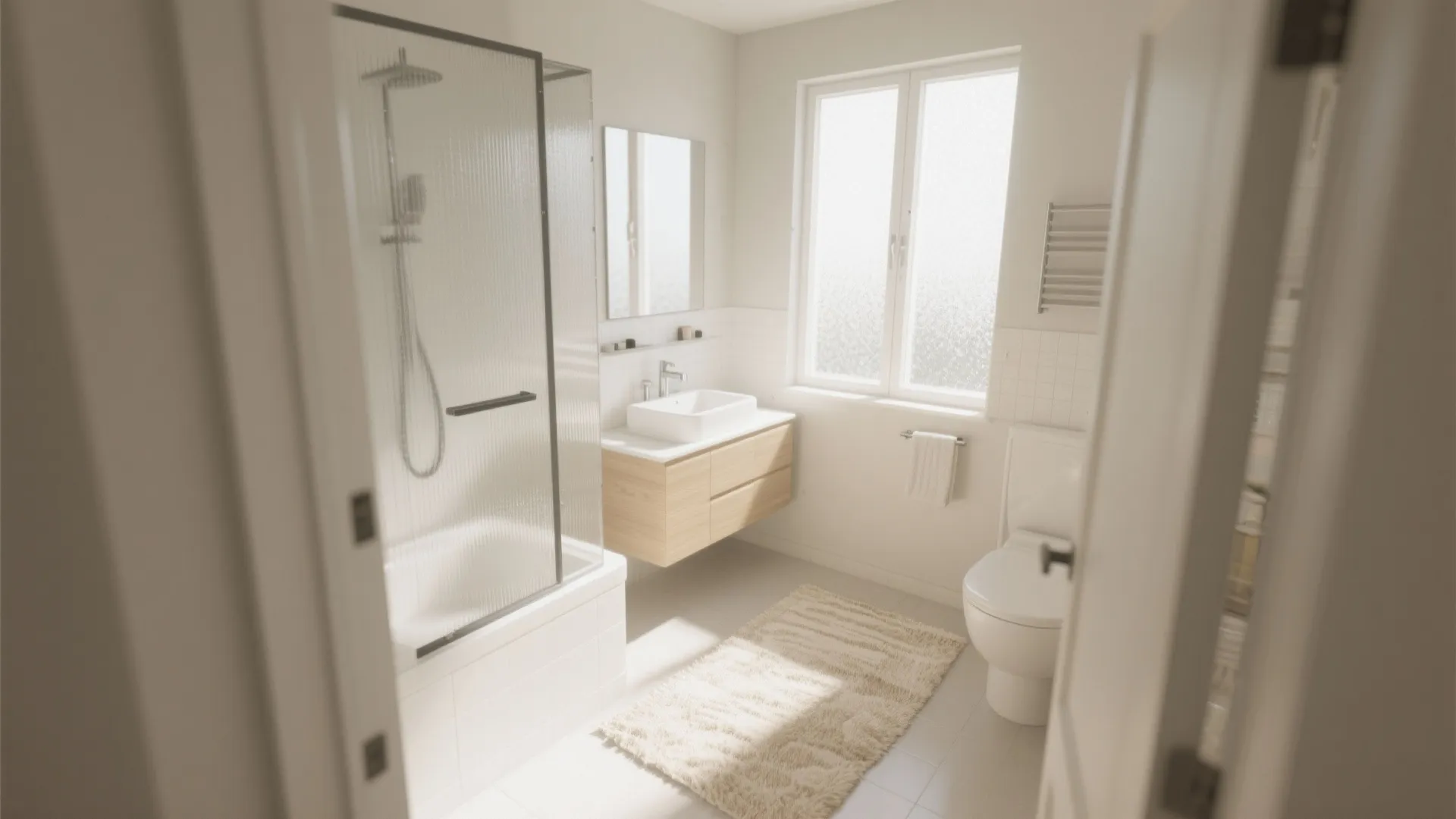 Bright bathroom with glass shower door wooden sink cabinet white toilet and cream fluffy floor rug
