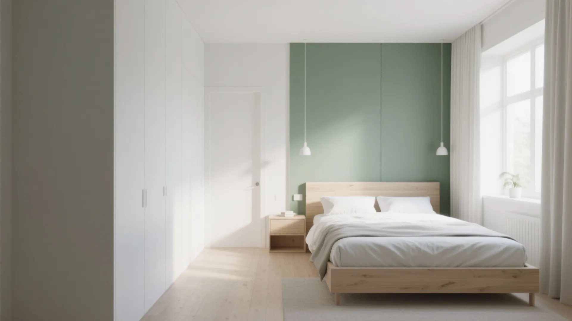 Minimalist bedroom with green accent wall wooden bed white wardrobes and simple hanging light fixtures