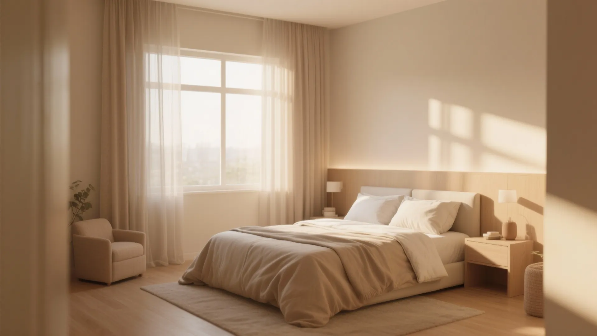 Minimalist beige bedroom featuring a large bed wooden wall panel armchair and warm sunlight coming