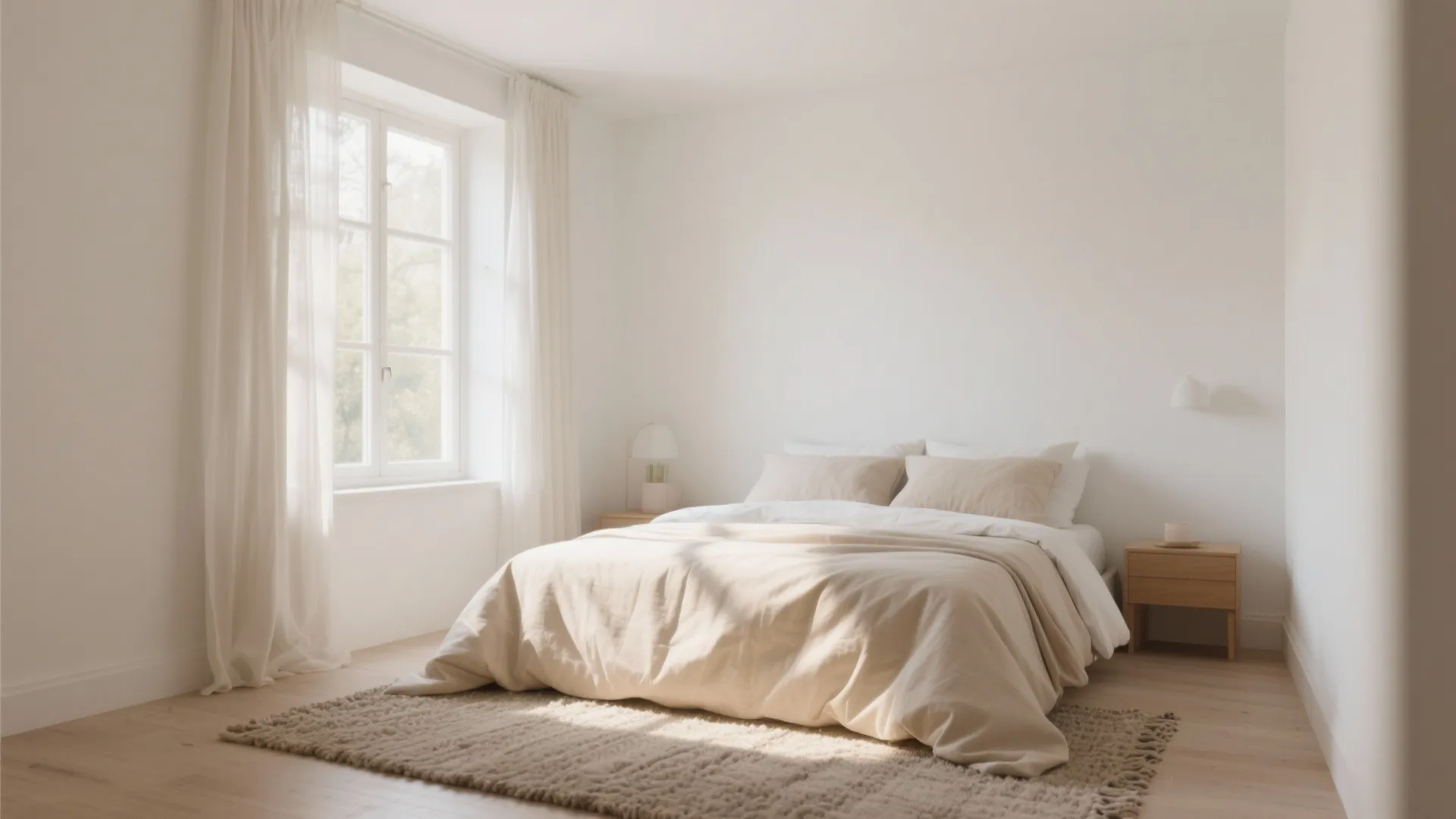 Bright minimalist bedroom with white walls sheer curtains wooden bedside tables and soft beige bedding set