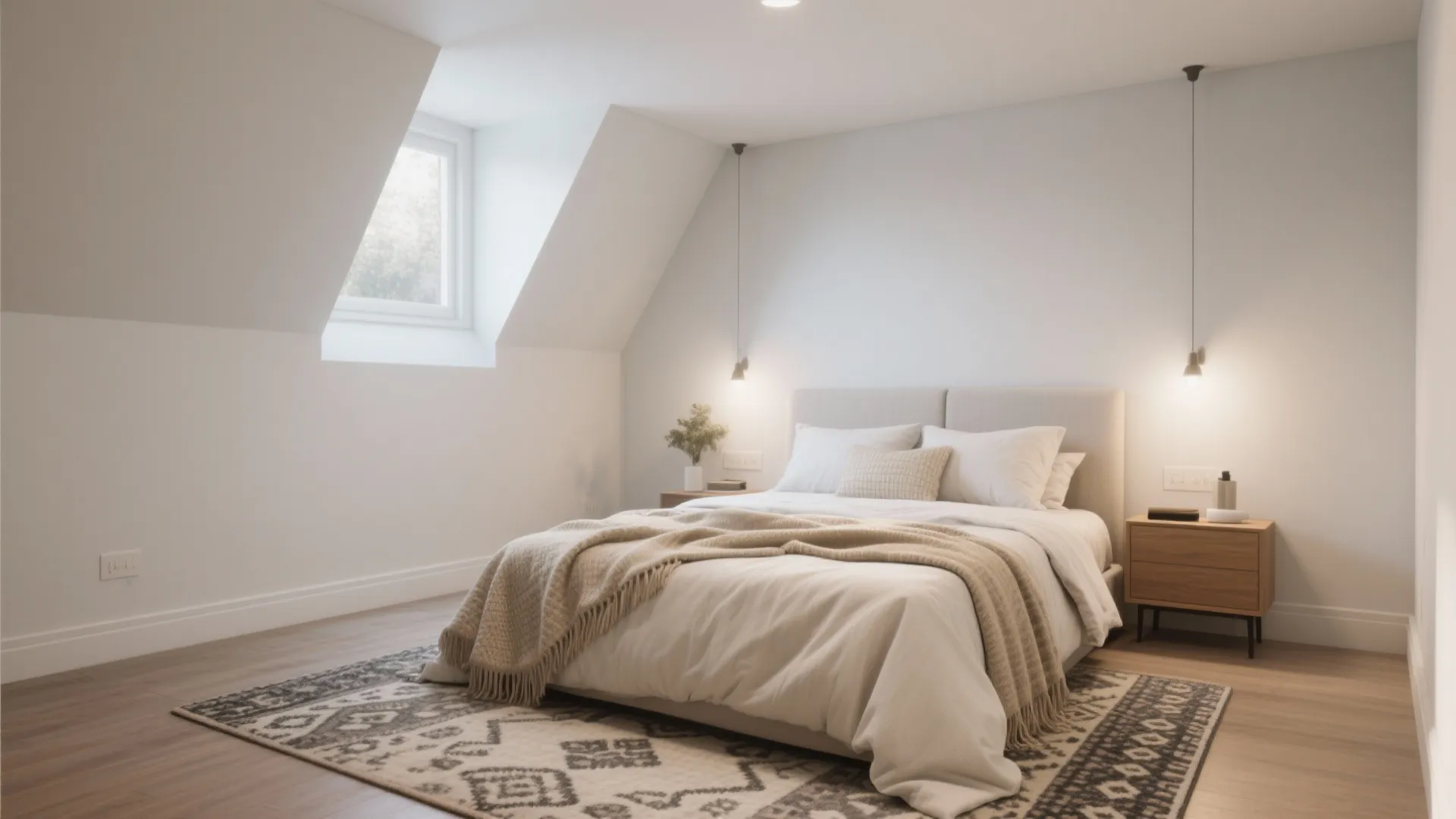 Bright attic bedroom with white walls roof window large bed patterned rug and two light fixtures