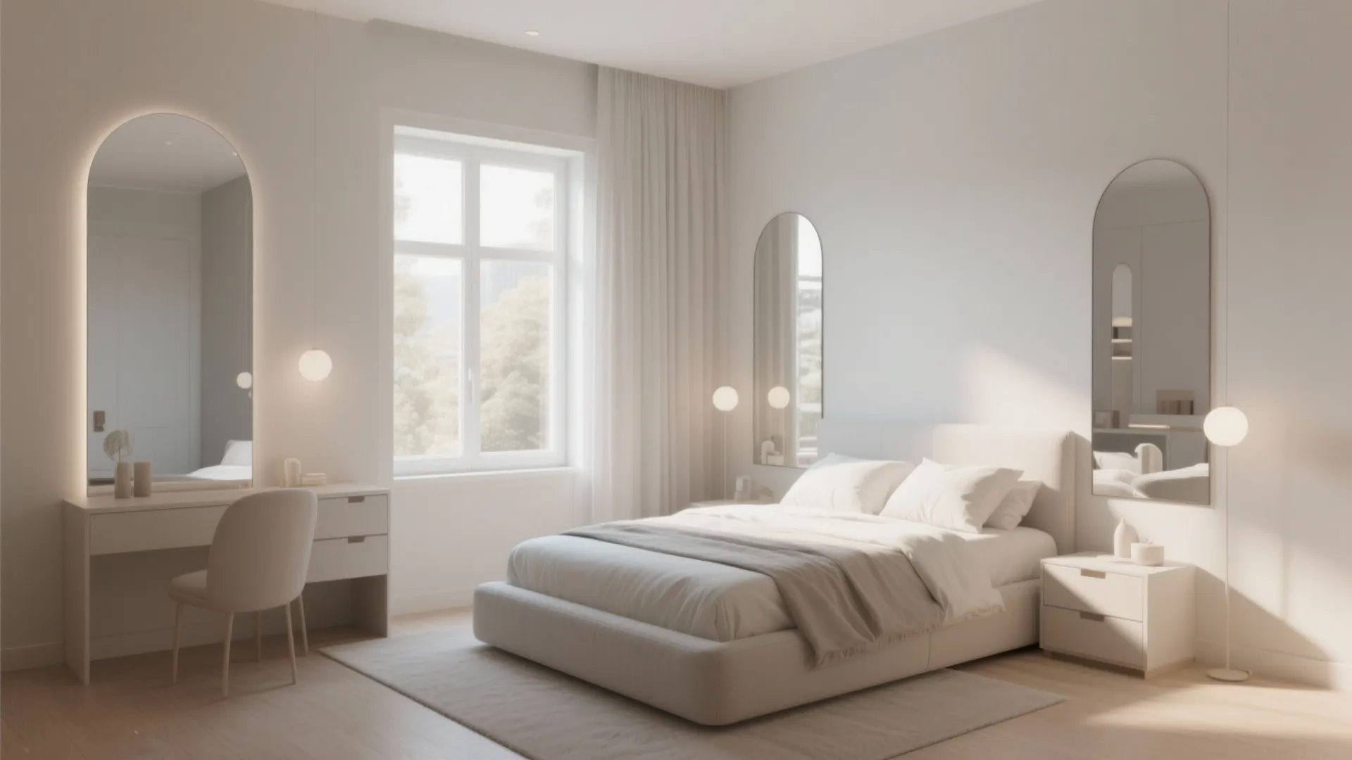 Bright white bedroom with large arched mirrors dressing table desk and soft round light fixtures