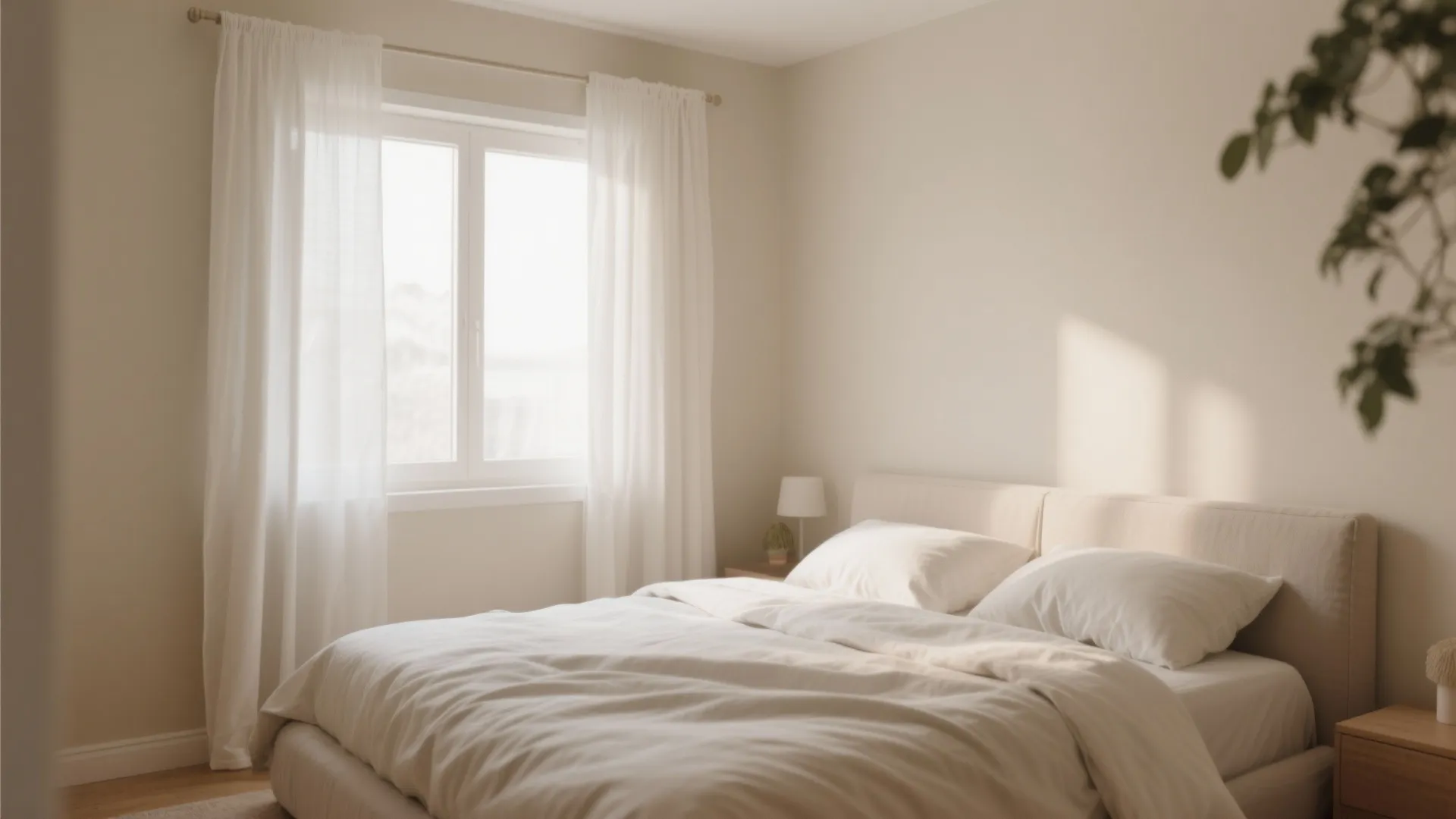 Bright bedroom with large window white curtains bed pillows and natural sunlight on the wall