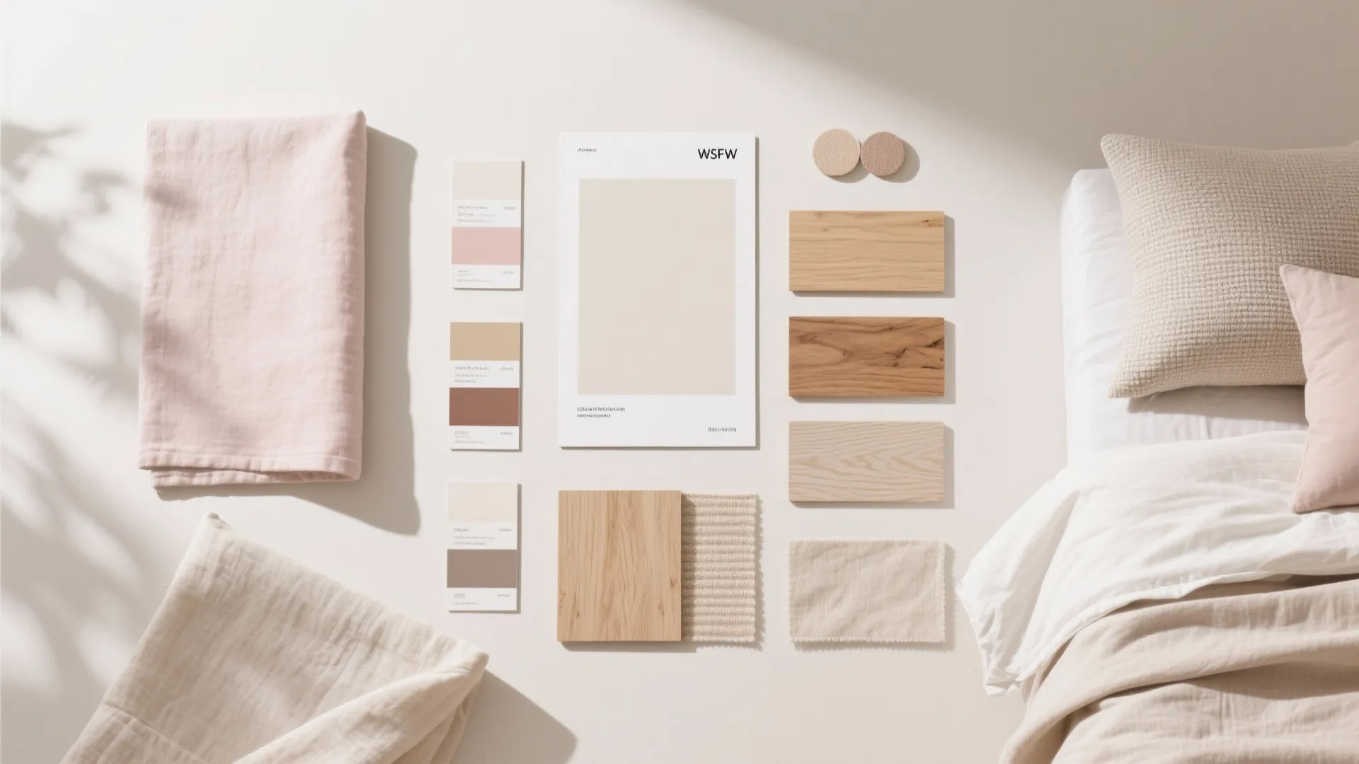 Mood board showing light pink fabric swatches wood samples and beige color palette for bedroom design