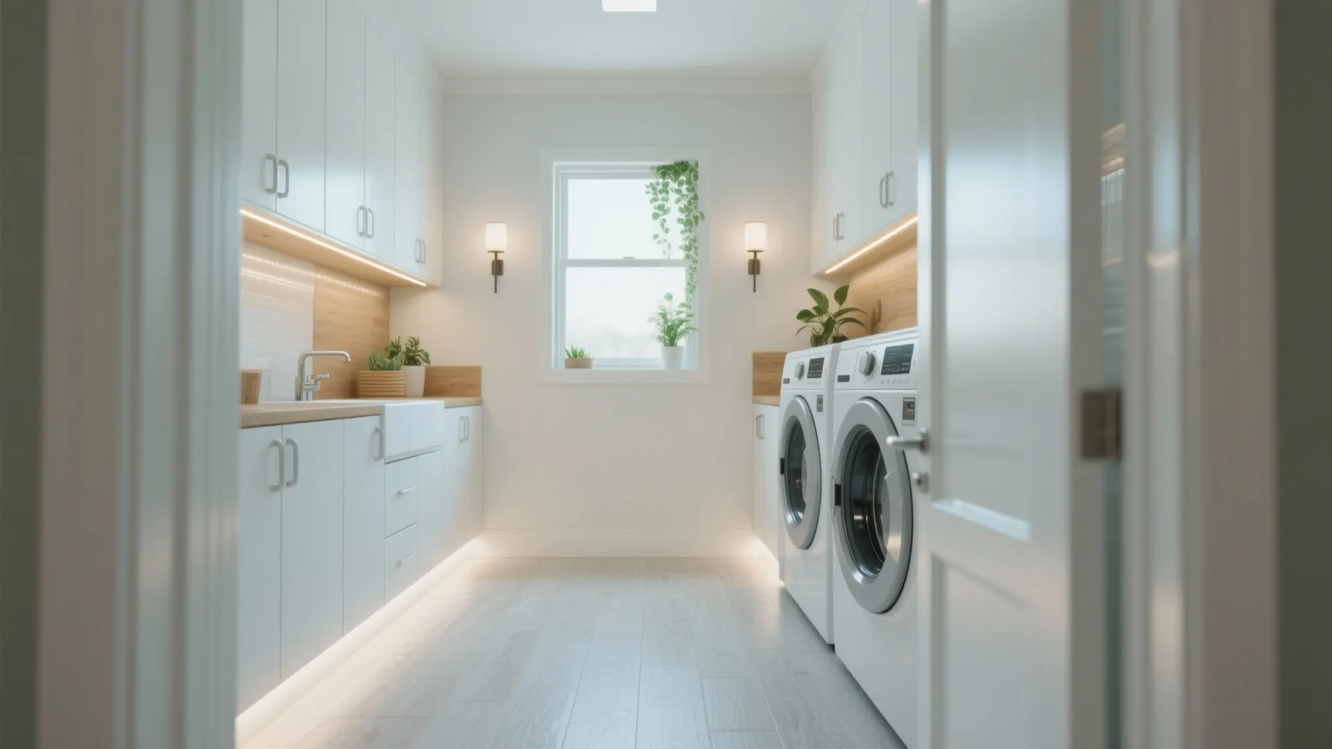 Bright white laundry room with side cabinets washing machine dryer and window with green plants