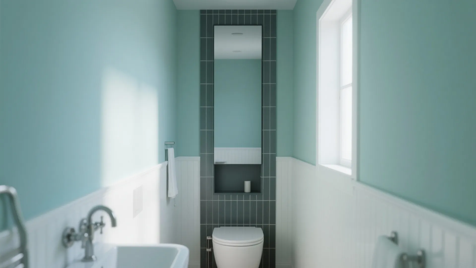 Modern narrow bathroom with light blue walls white wall panels toilet mirror and small sink
