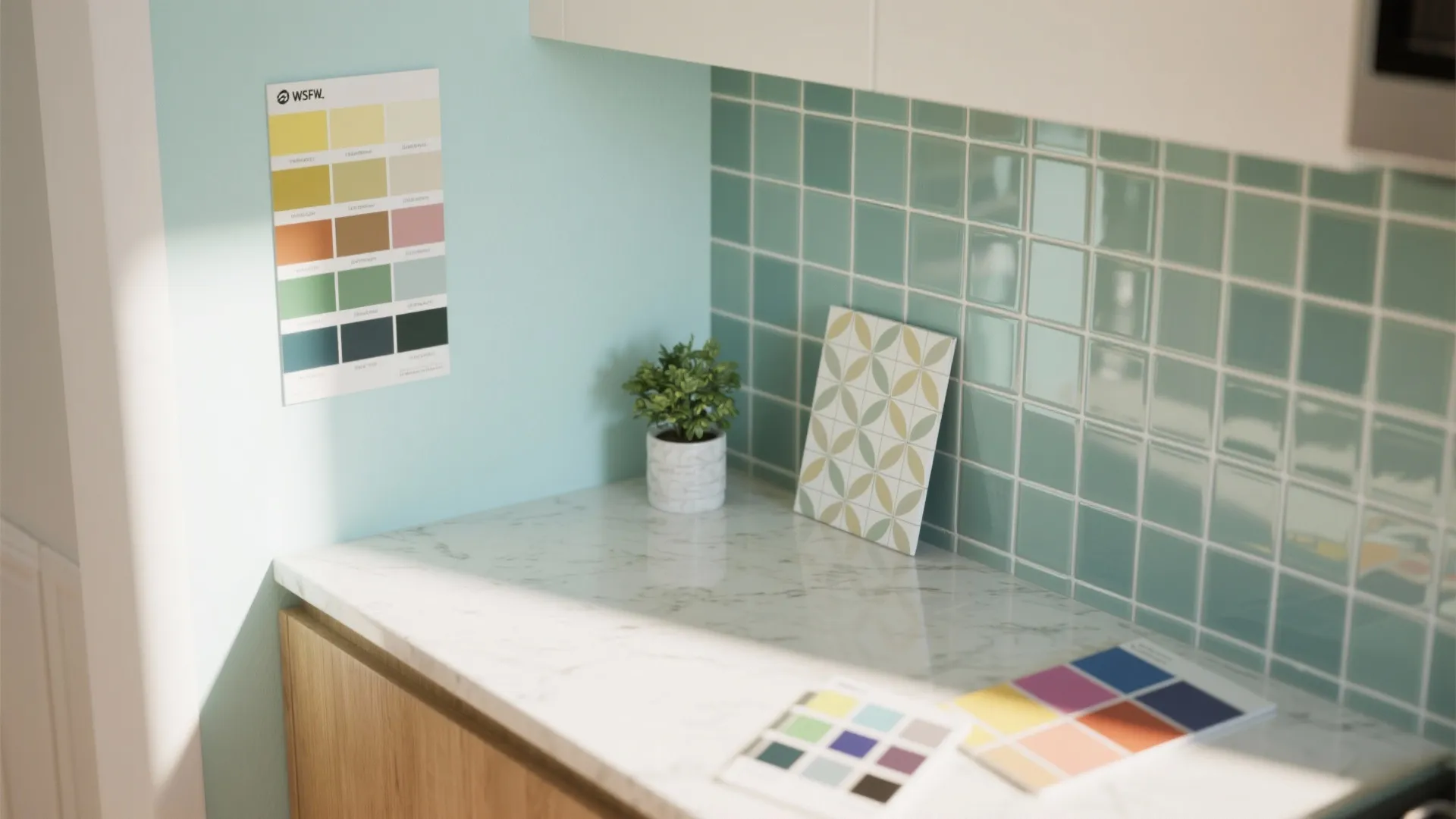 Kitchen countertop with color palette samples green wall tiles small plant and marble surface finish