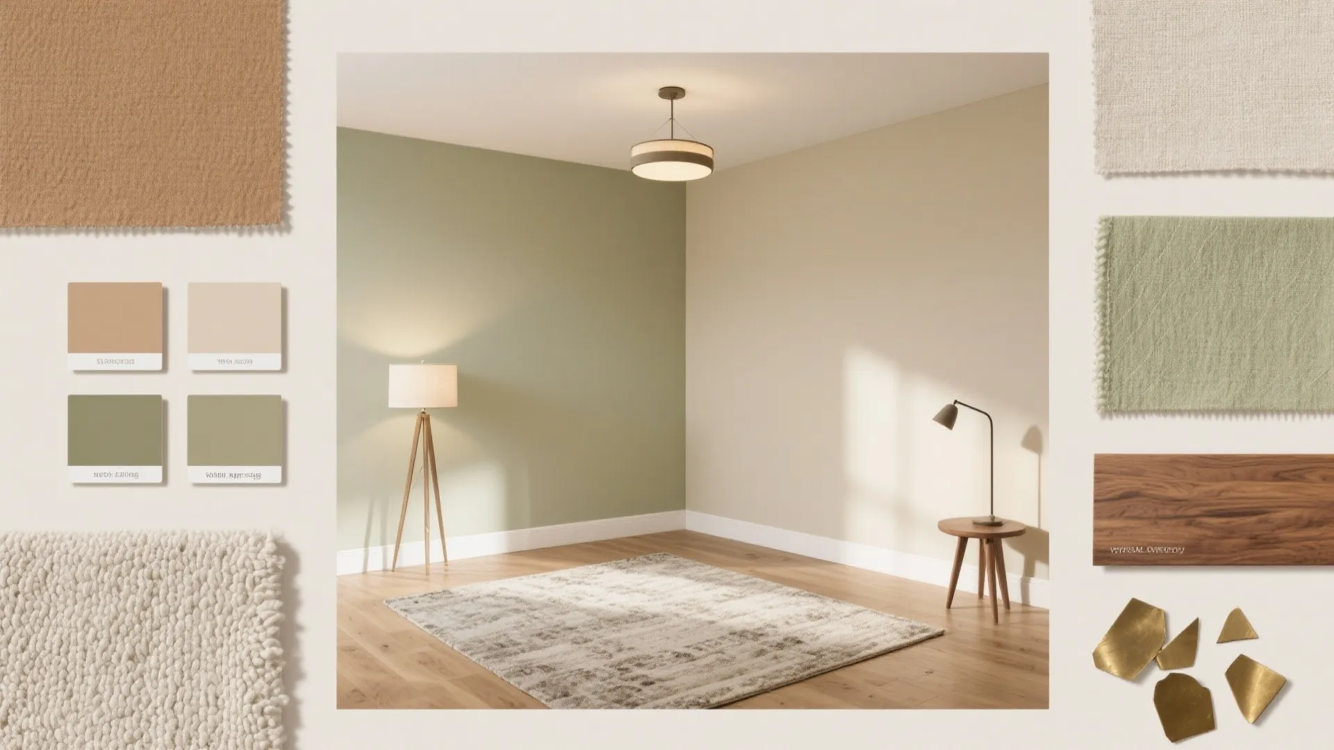 Flat lay of paint swatches, fabrics, rug textures, oak and brass finishes with a layered lighting concept.