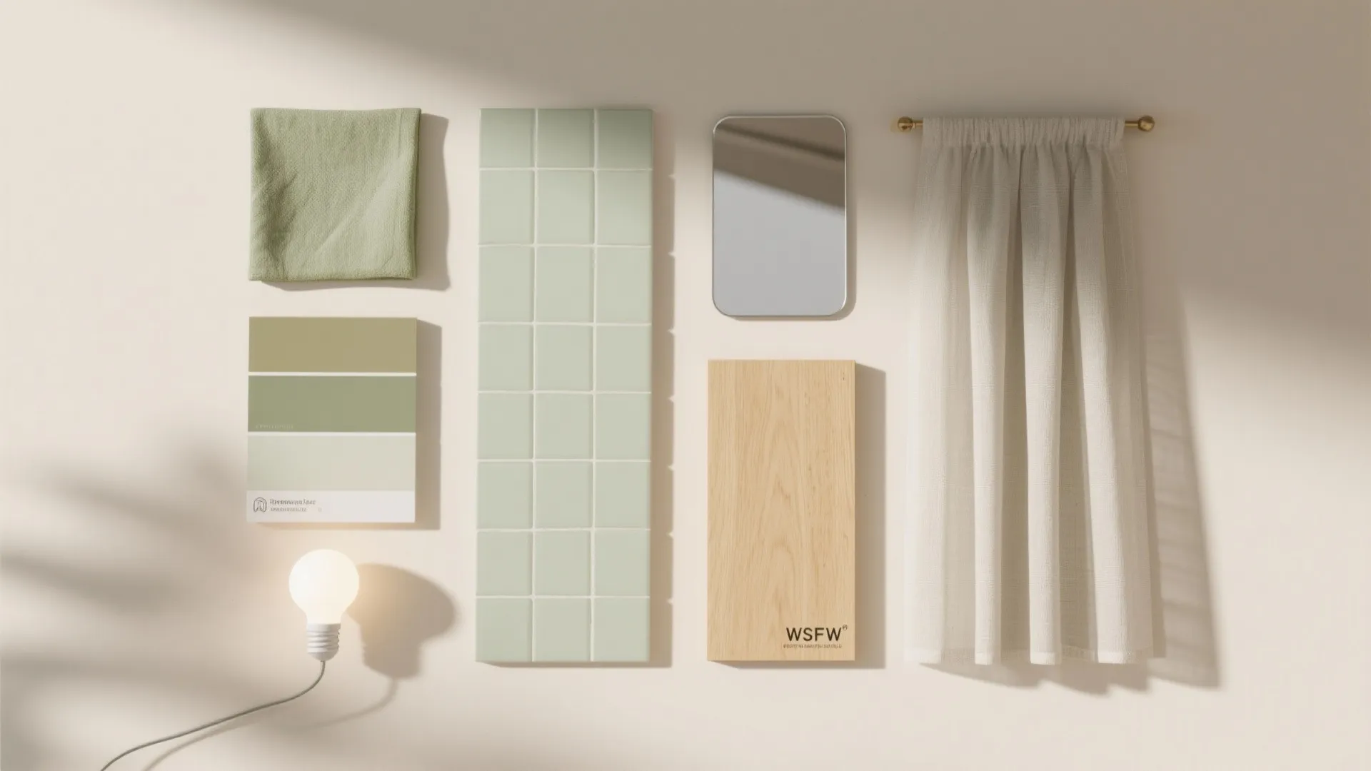 Interior design mood board with green tiles, wood plank, white curtain, fabric, and light bulb