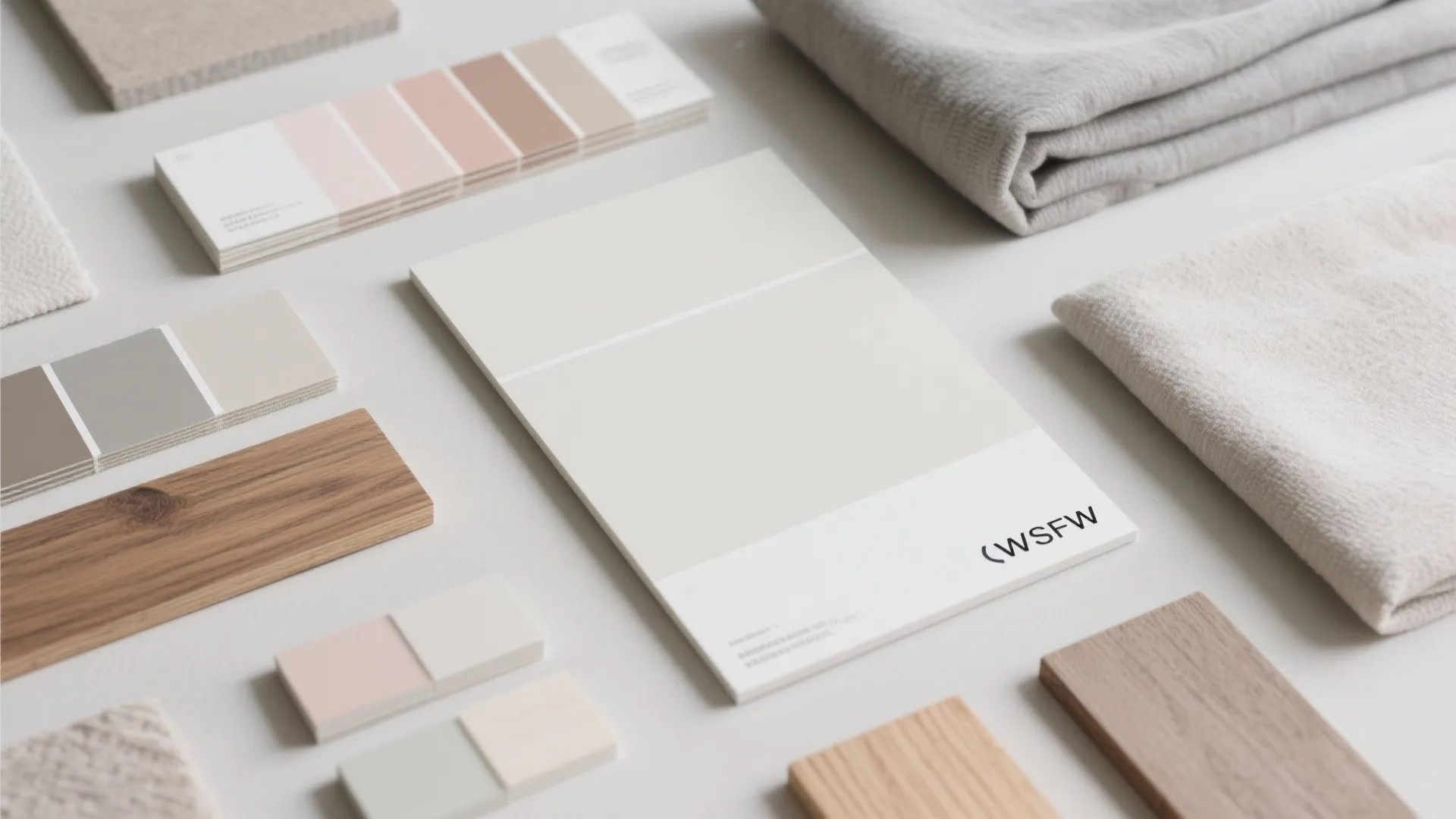 Interior design material board with neutral color palettes wood samples fabric swatches and paint cards