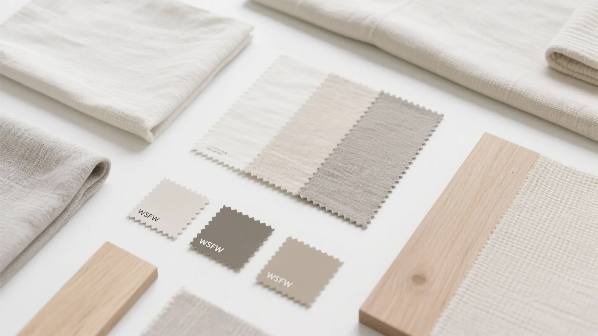 Collection of neutral fabric swatches wood samples and color tiles for an interior design project